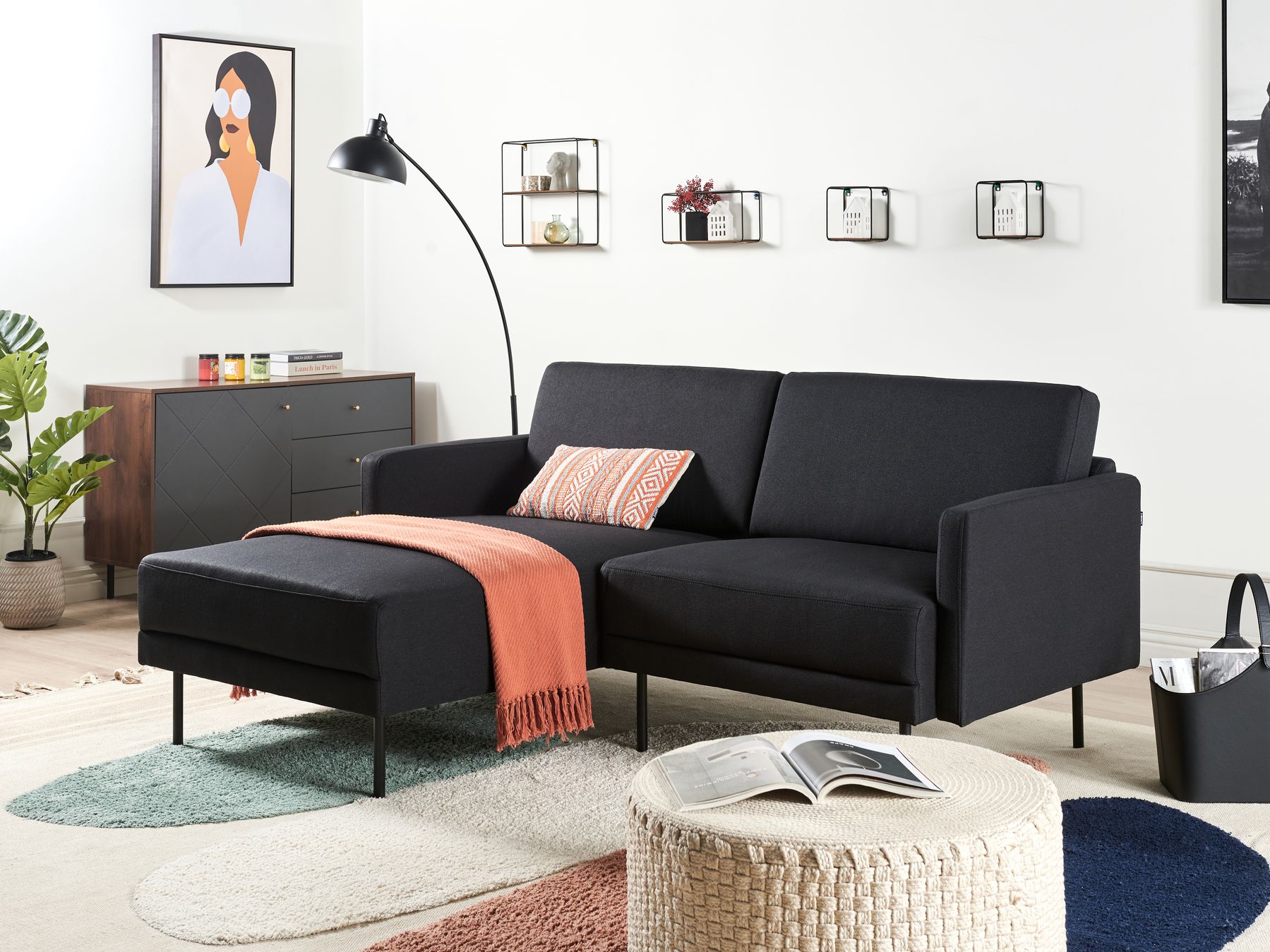 Right Hand 2 Seater Fabric Corner Sofa Black BREDA