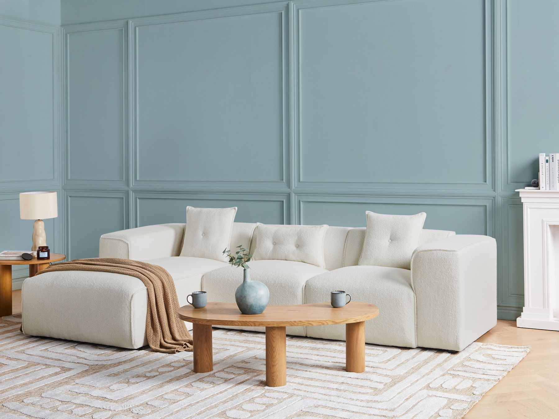 Right Hand Boucle Corner Sofa Off-White DOLVA