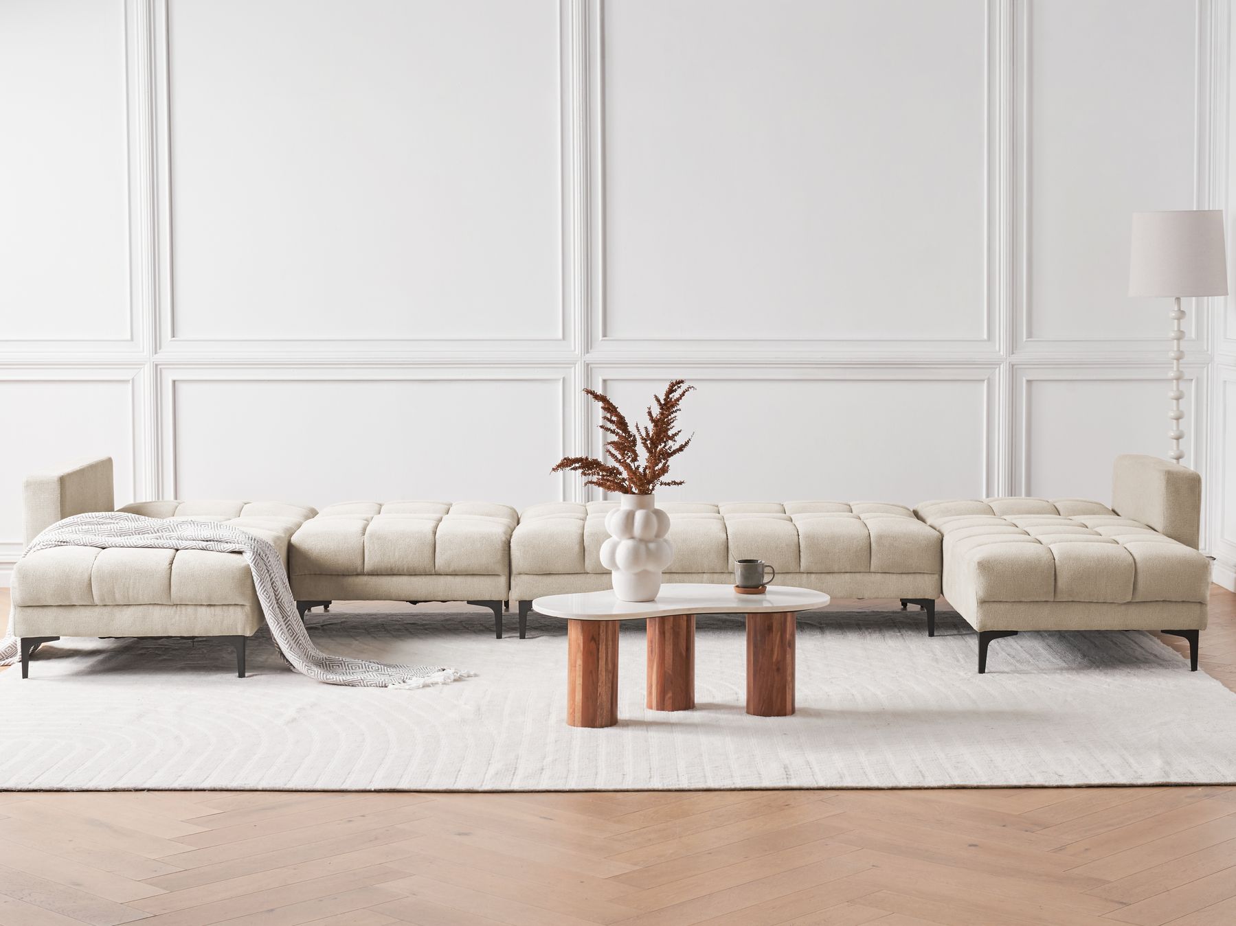Modular U-Shape Sofa Bed ALNES Fabric Beige 6 Seater
