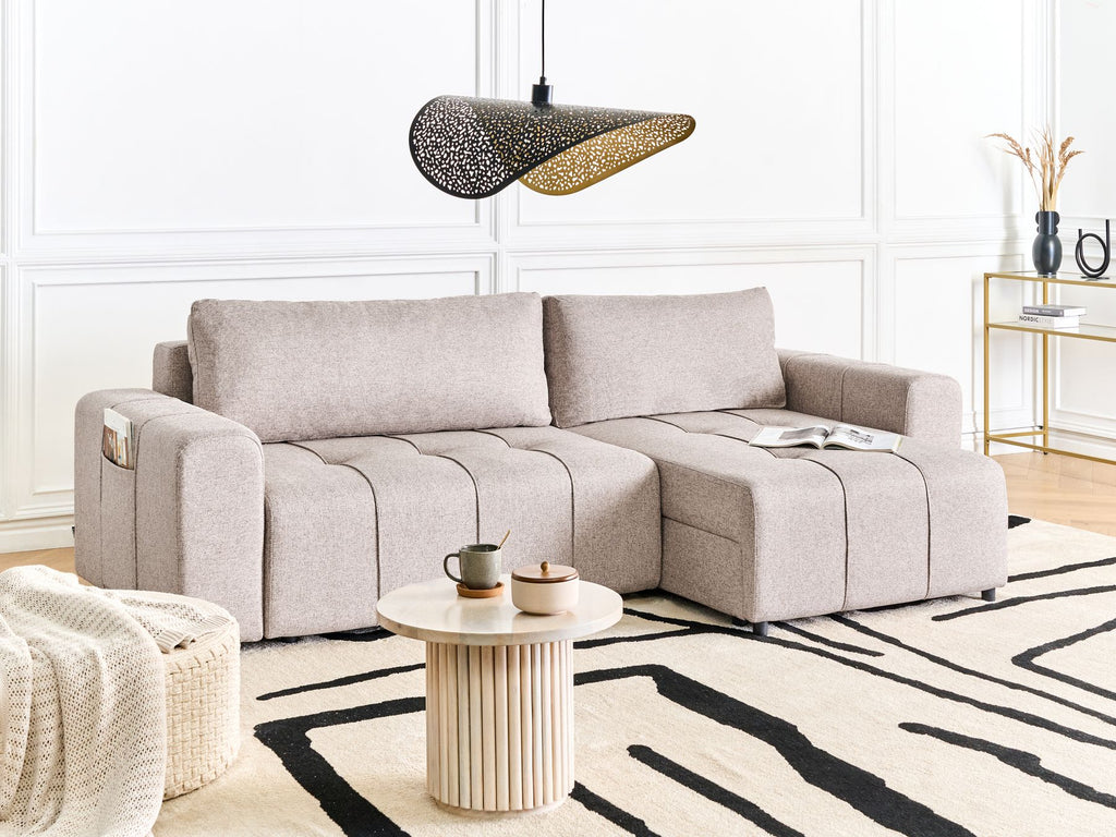 Corner Sofa Bed INNVIK Fabric Light Brown with Storage 3 Seater Left Hand