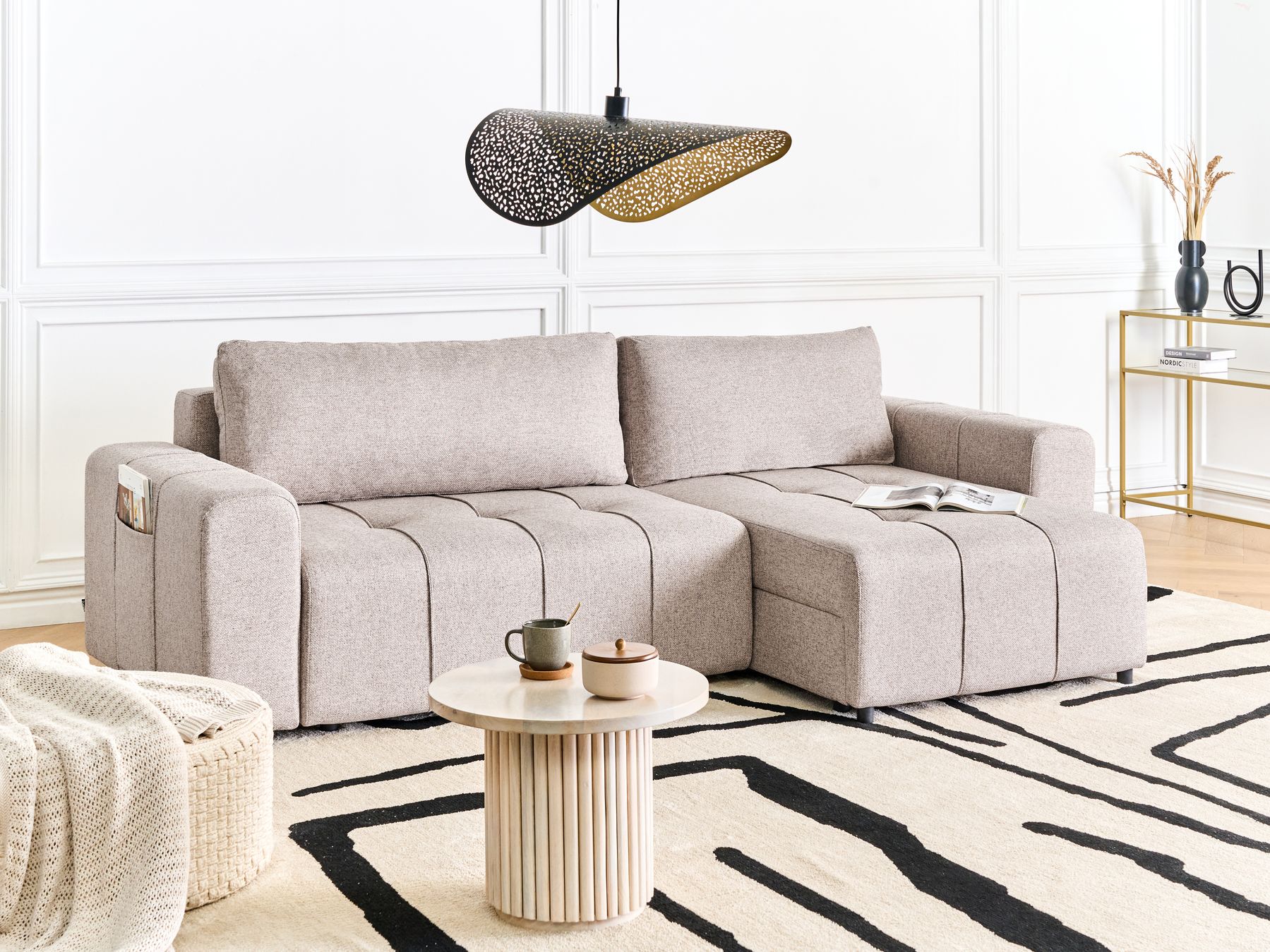 Corner Sofa Bed INNVIK Fabric Light Brown with Storage 3 Seater Left Hand