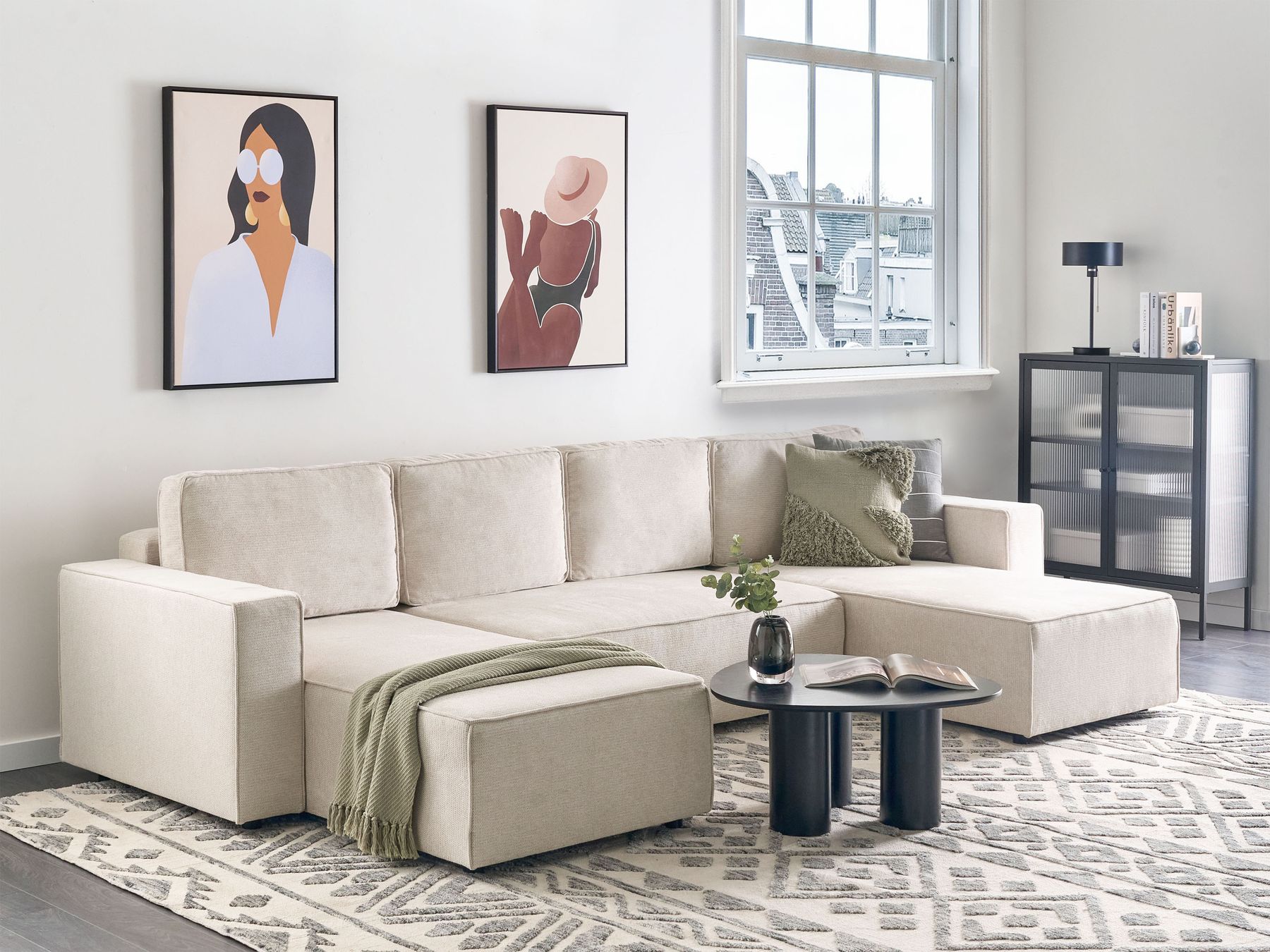 U-Shape Sofa Bed VATNE Fabric Light Beige with Storage 4 Seater