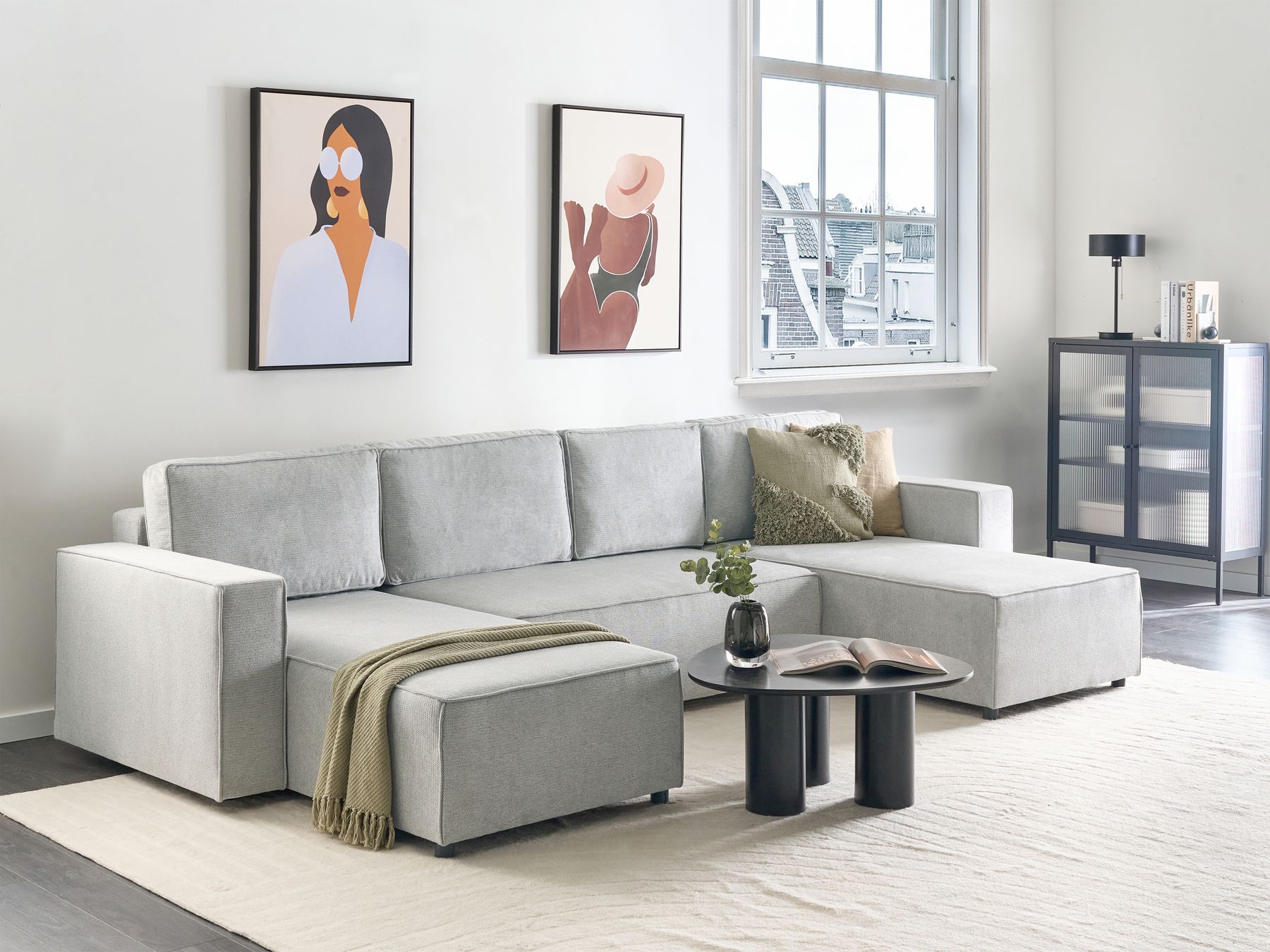 U-Shape Sofa Bed VATNE Fabric Light Grey with Storage 4 Seater