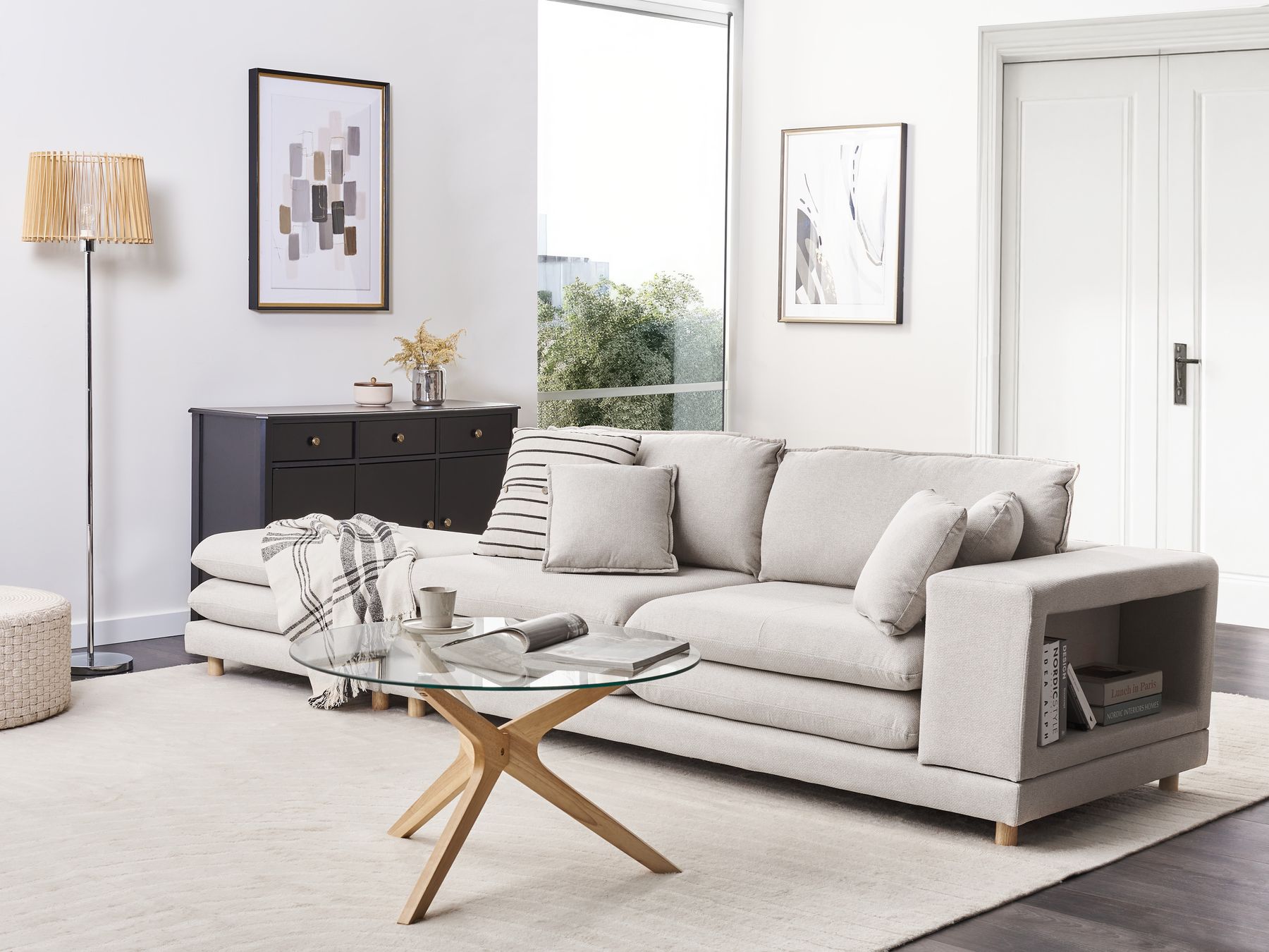 2 Seater Fabric Sofa with Ottoman Beige HEDEN