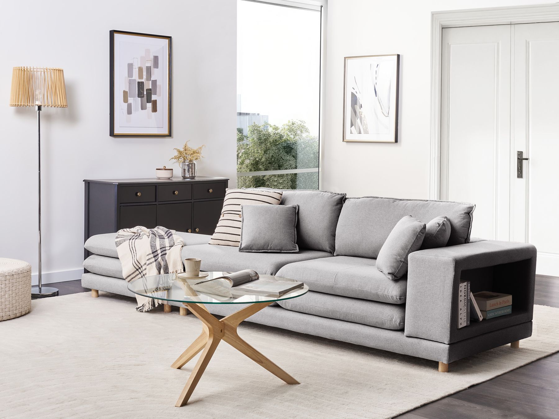 2 Seater Fabric Sofa with Ottoman Grey HEDEN