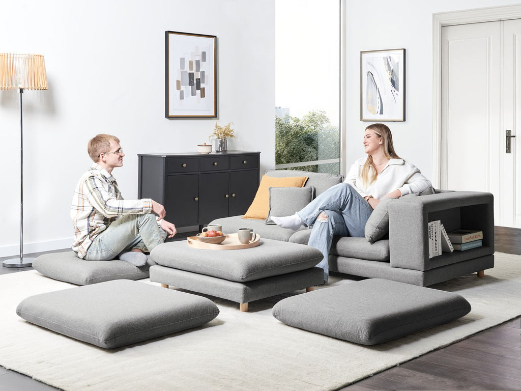 2 Seater Fabric Sofa with Ottoman Grey HEDEN