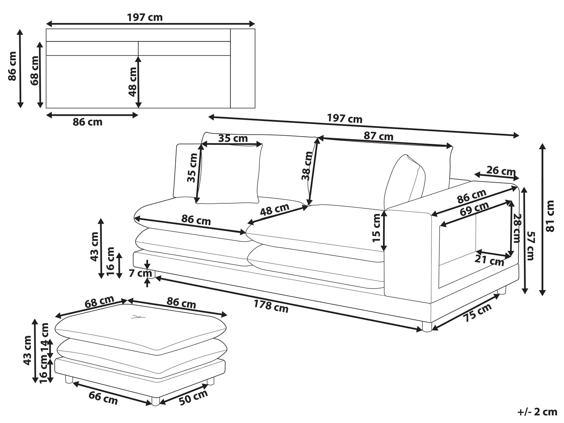 2 Seater Fabric Sofa with Ottoman Grey HEDEN