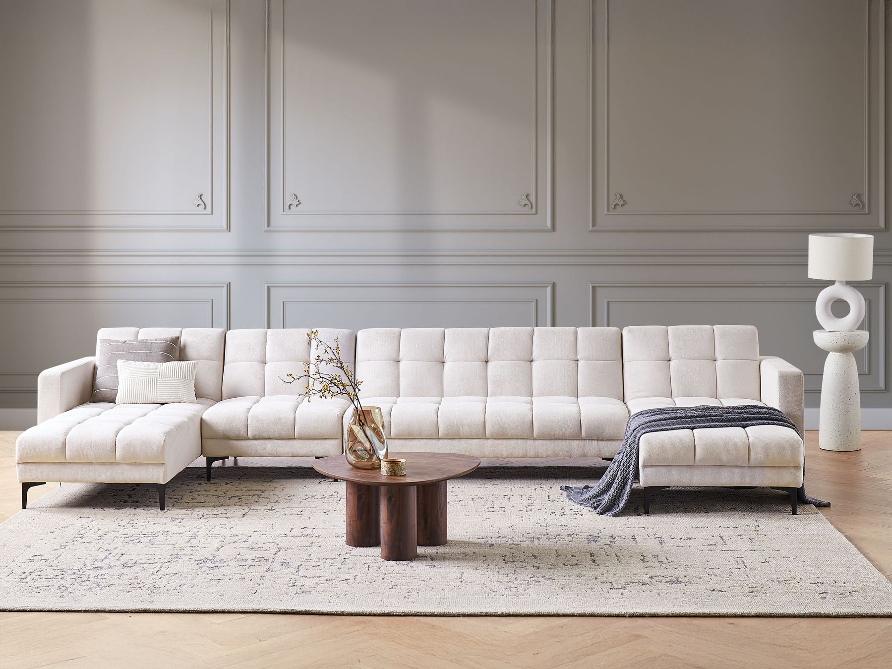 Modular U-Shape Sofa Bed ALNES Fabric Off-White 6 Seater