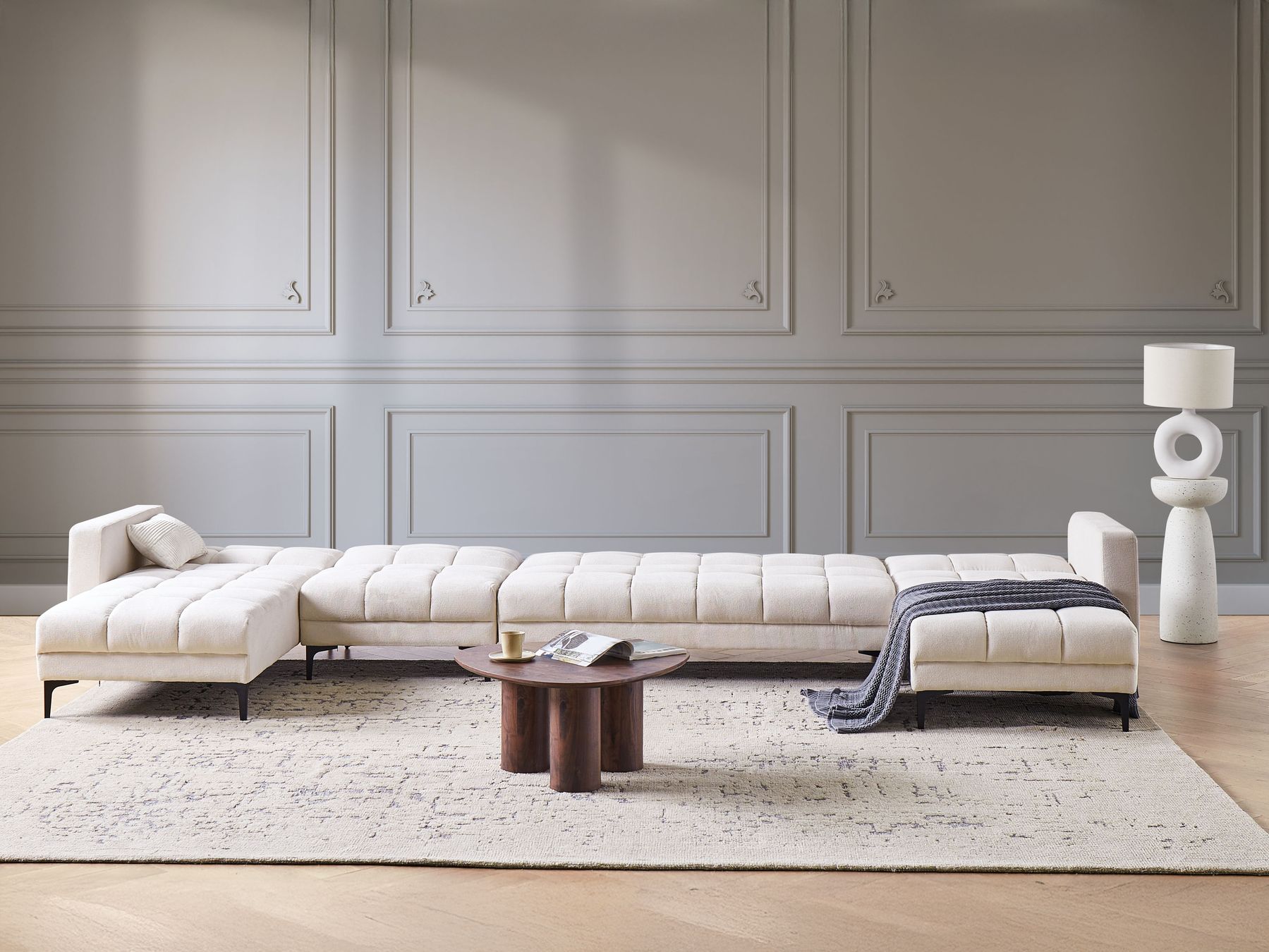 Modular U-Shape Sofa Bed ALNES Fabric Off-White 6 Seater