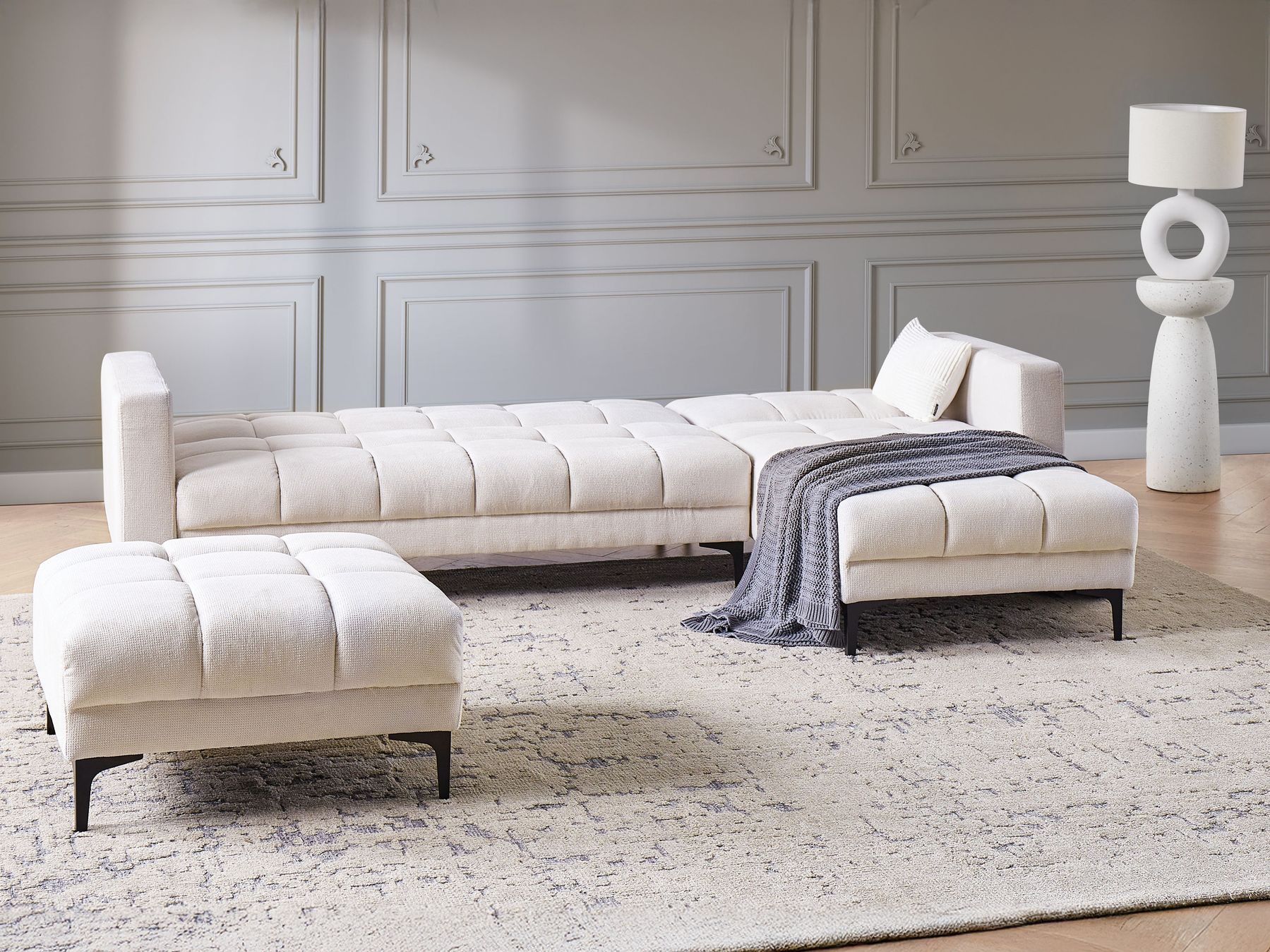 Modular Corner Sofa Bed ALNES Fabric Off-White 4 Seater Left Hand