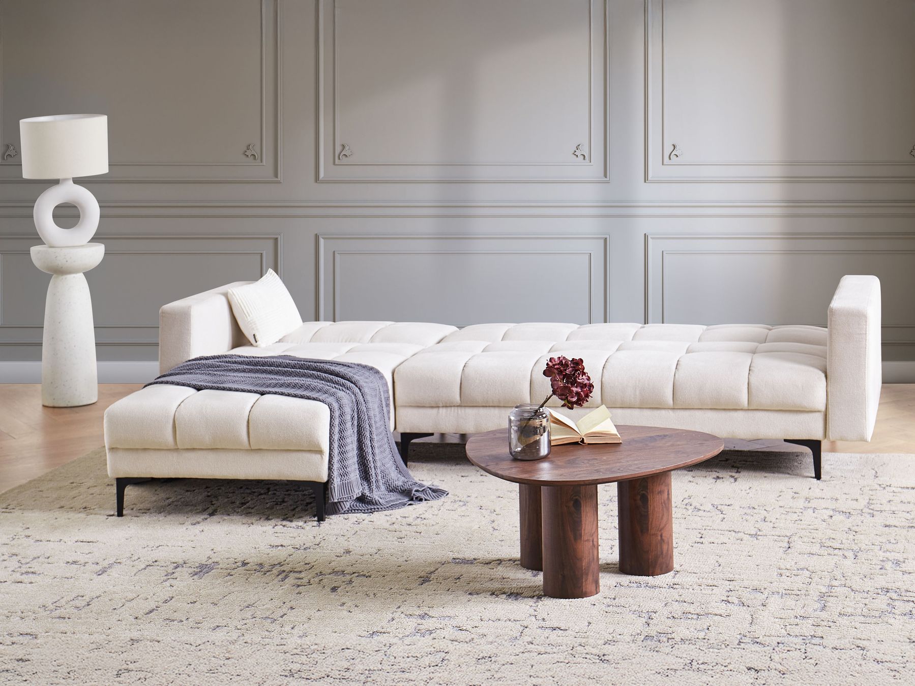 Modular Corner Sofa Bed ALNES Fabric Off-White 4 Seater Right Hand