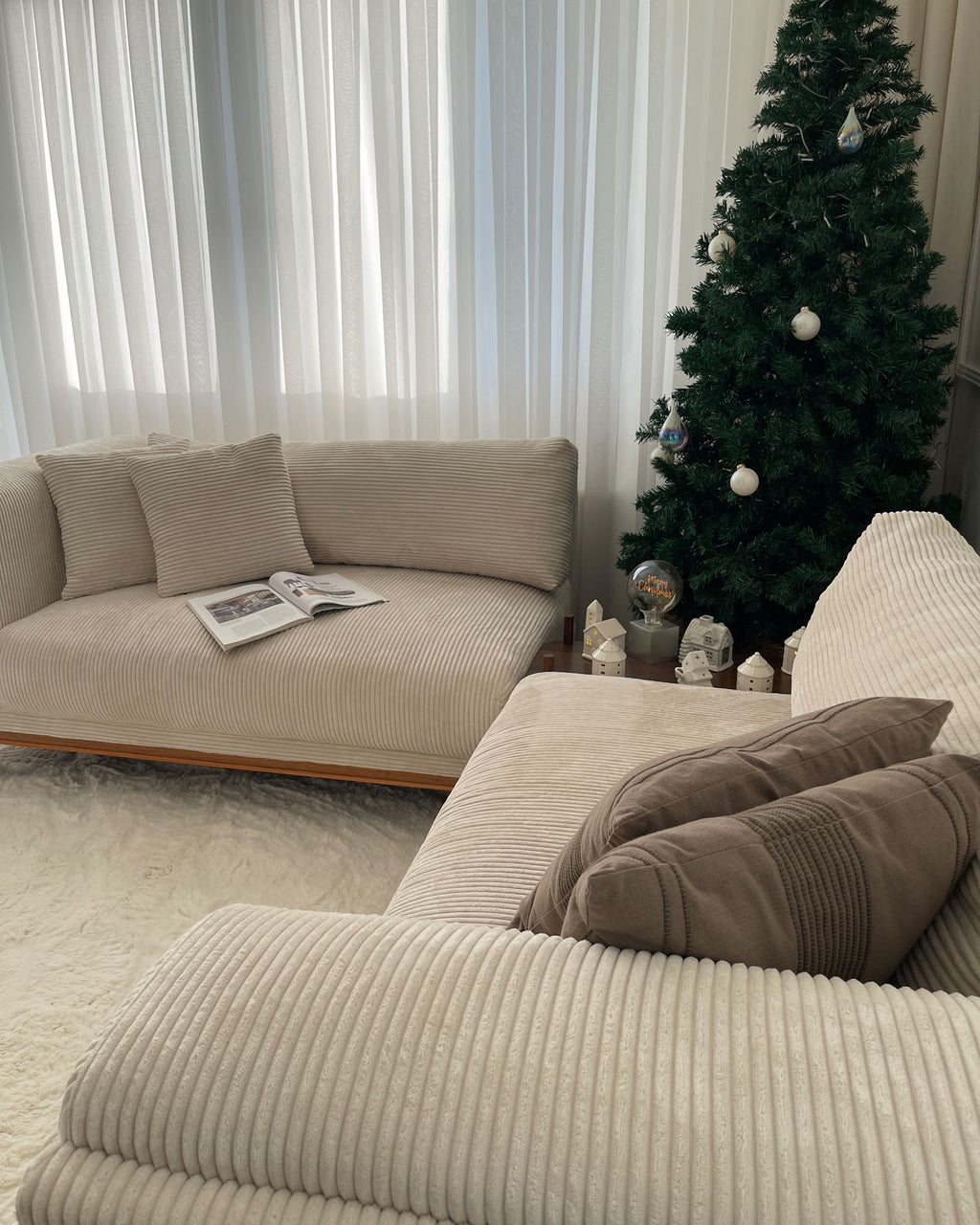 4 Seater Cord Sofa Green Beige VENG