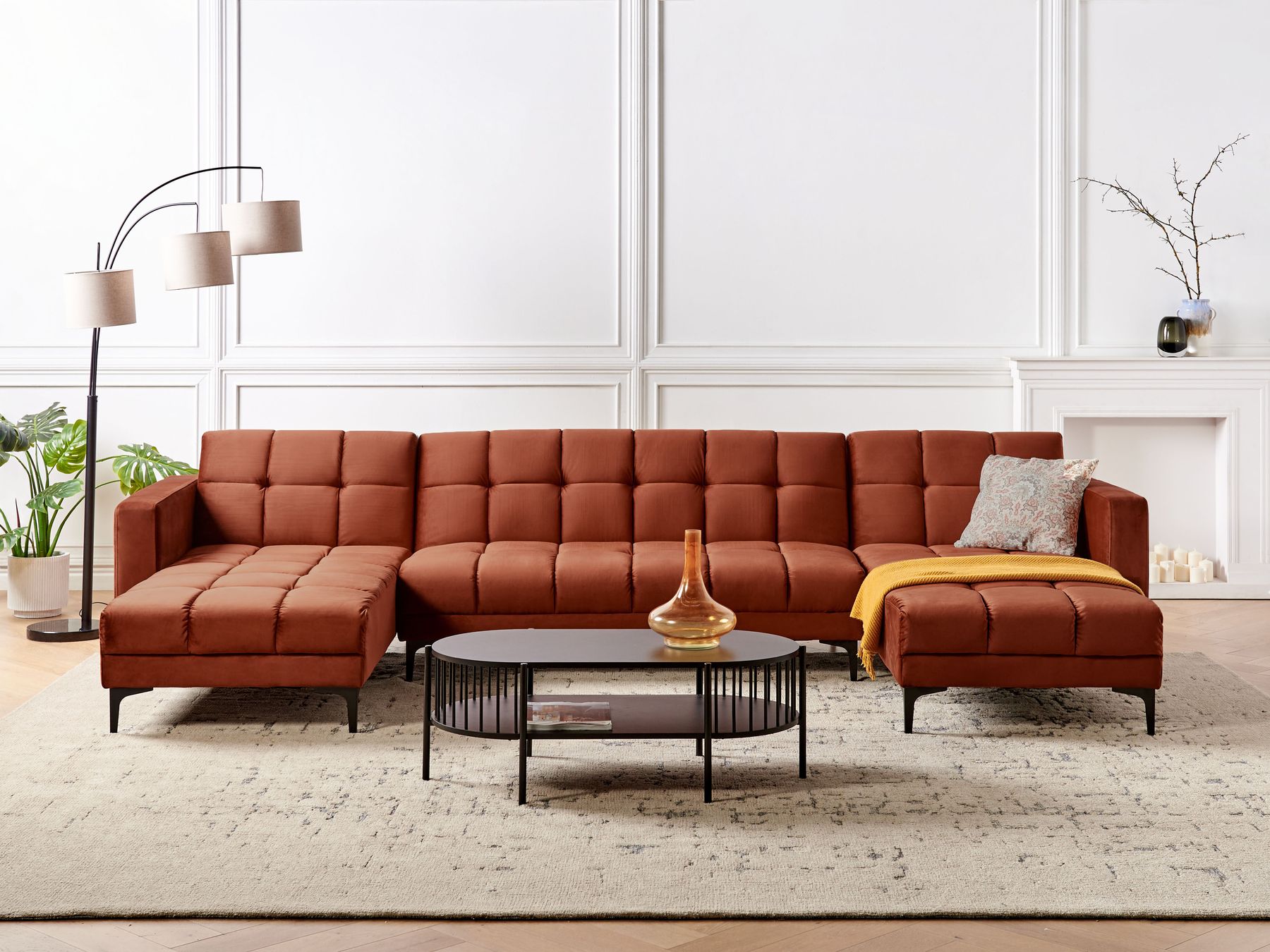 Modular U-Shape Sofa Bed ALNES Velvet Light Red 5 Seater