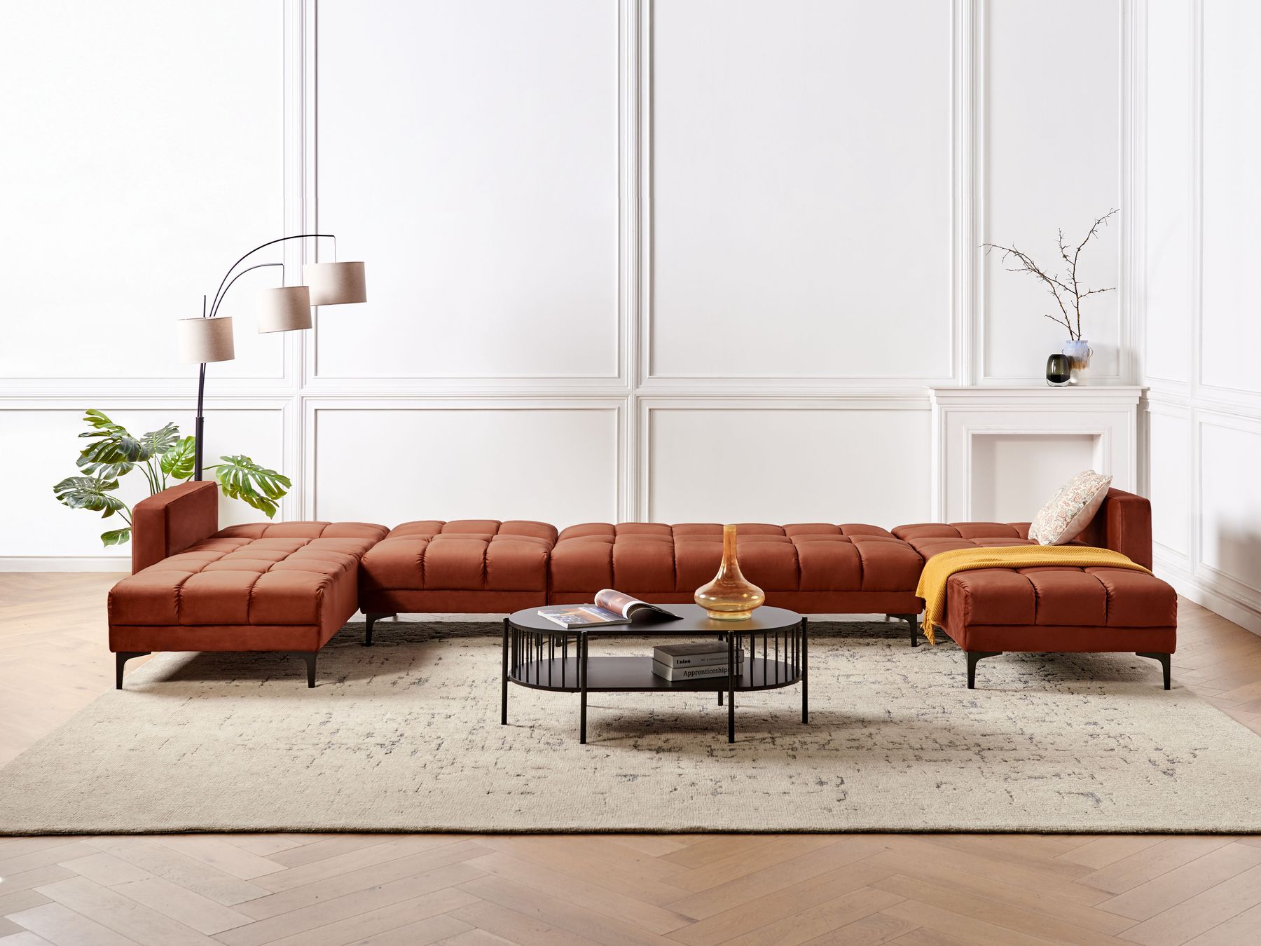 Modular U-Shape Sofa Bed ALNES Velvet Light Red 6 Seater