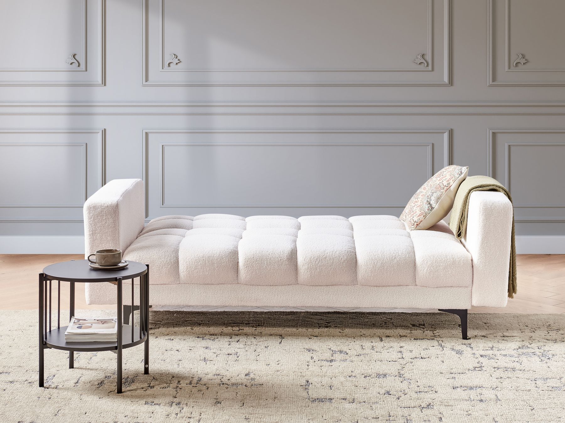 Sofa Bed ALNES Boucle White 3 Seater