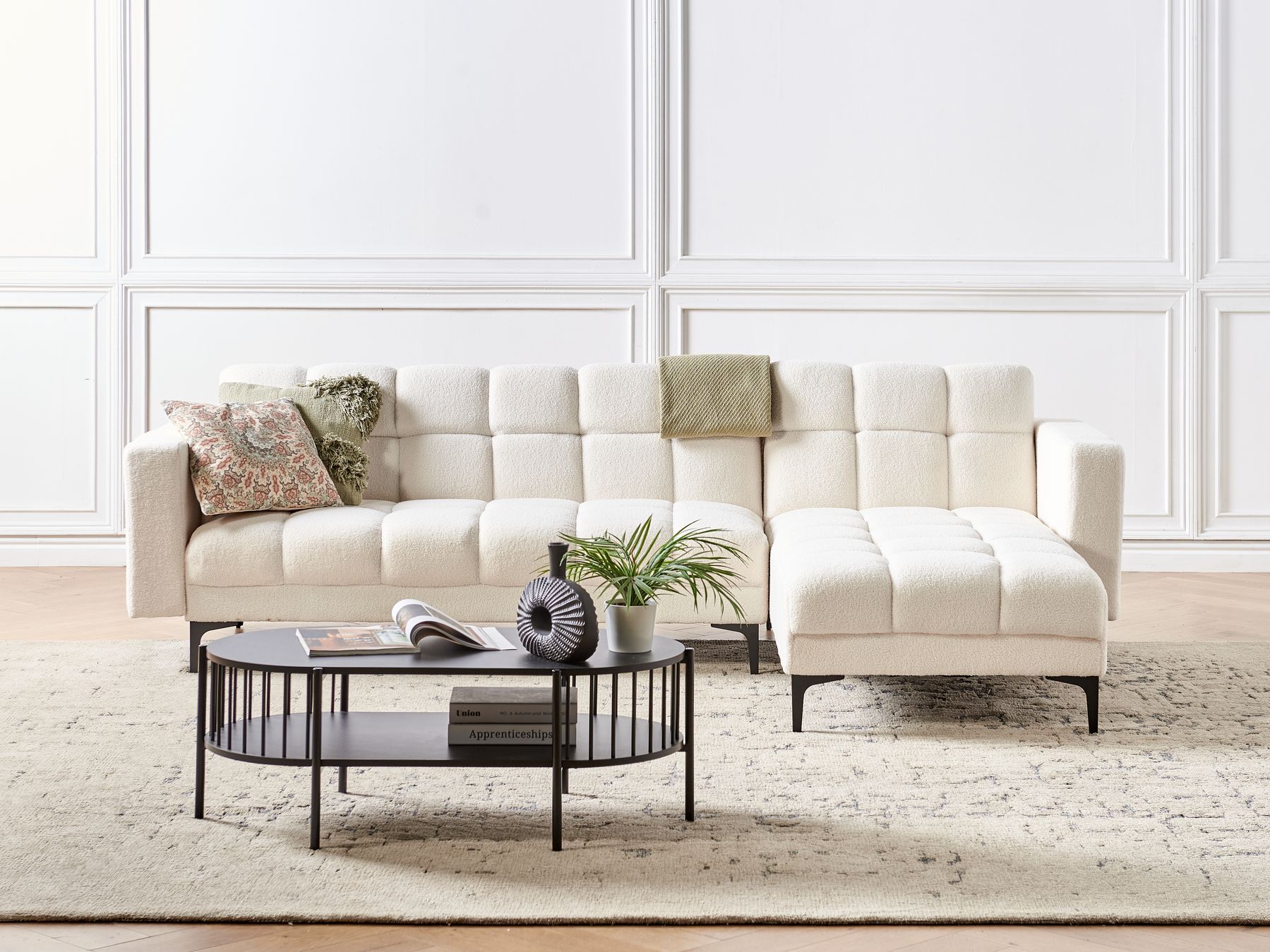 Modular Corner Sofa Bed ALNES Boucle White 4 Seater