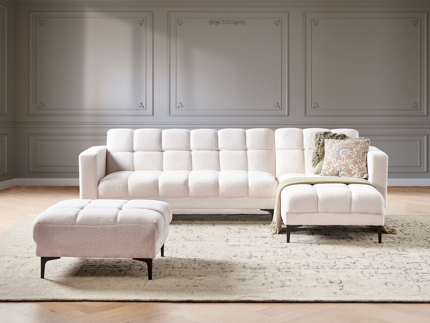 Modular Corner Sofa Bed ALNES Boucle White 4 Seater Left Hand