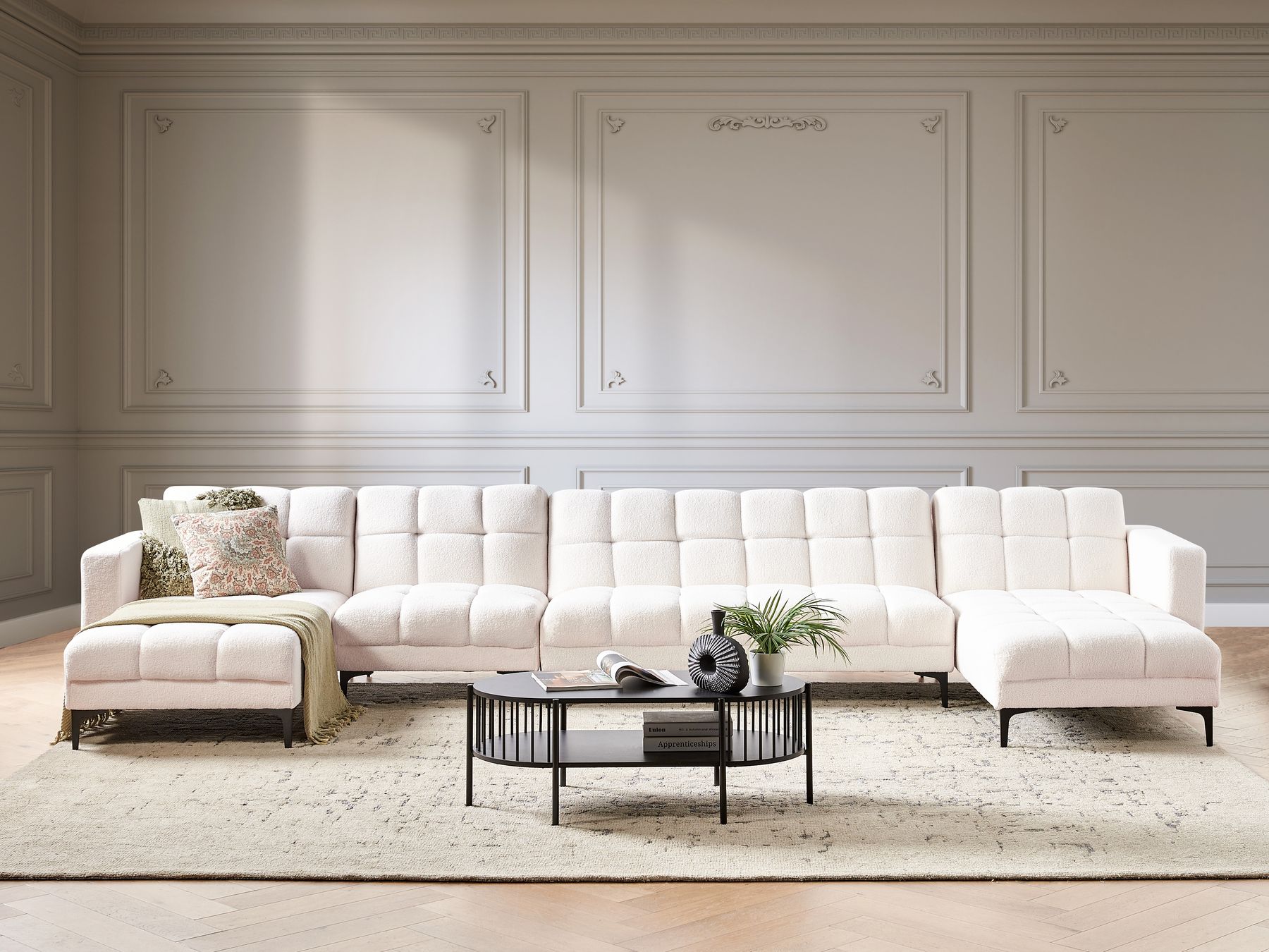 Modular U-Shape Sofa Bed ALNES Boucle White 6 Seater