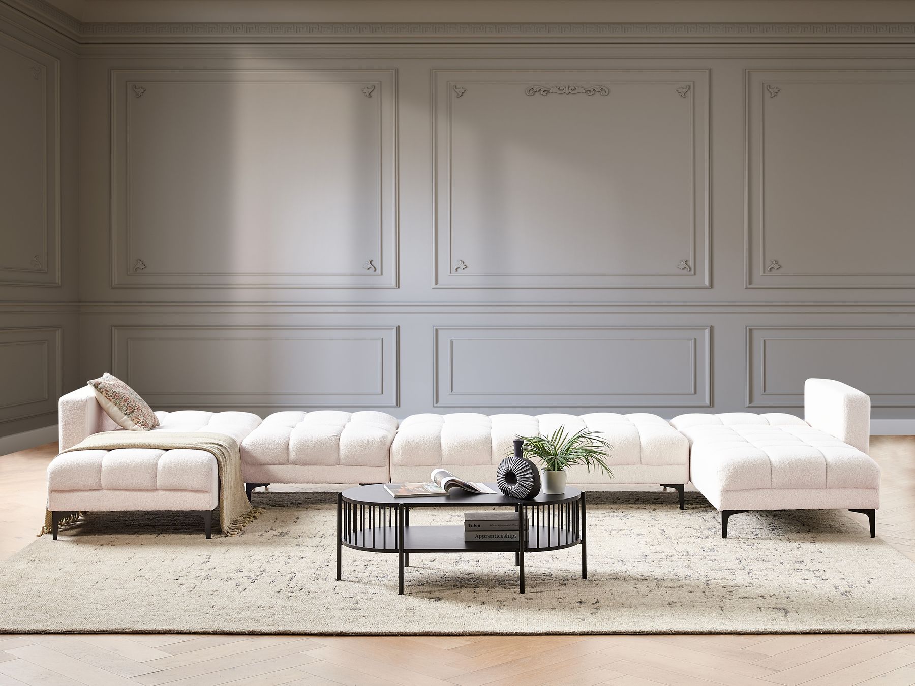 Modular U-Shape Sofa Bed ALNES Boucle White 6 Seater