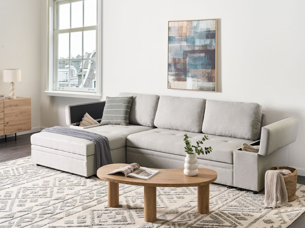 Corner Sofa Bed HRISEY Faux Linen Light Grey with Storage 3 Seater Right Hand