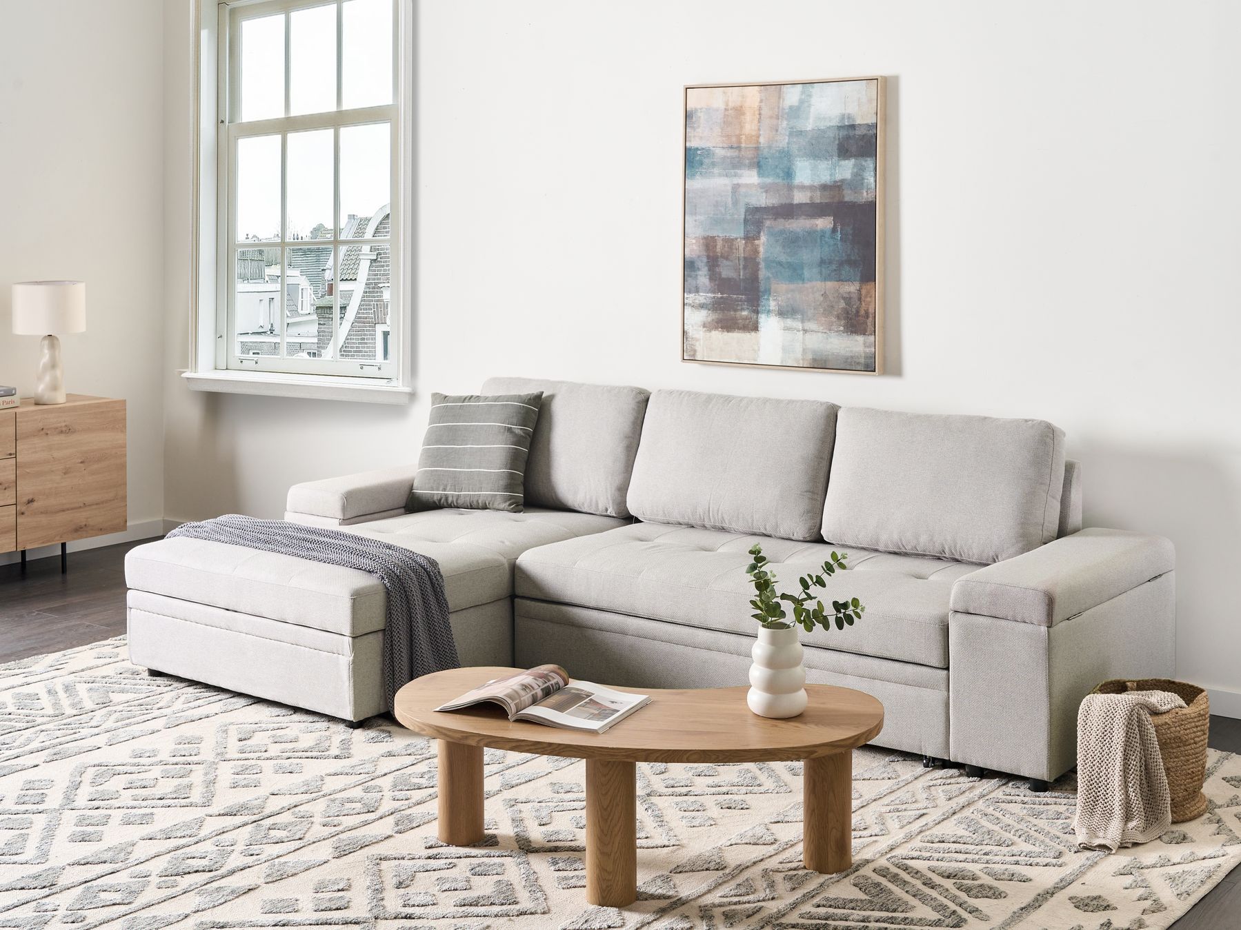 Corner Sofa Bed HRISEY Faux Linen Light Grey with Storage 3 Seater Right Hand