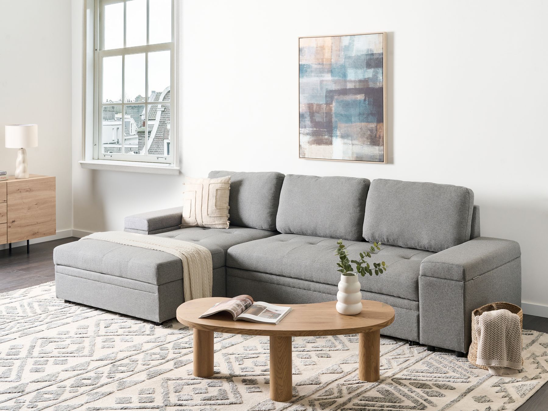 Corner Sofa Bed HRISEY Faux Linen Grey with Storage 3 Seater Right Hand