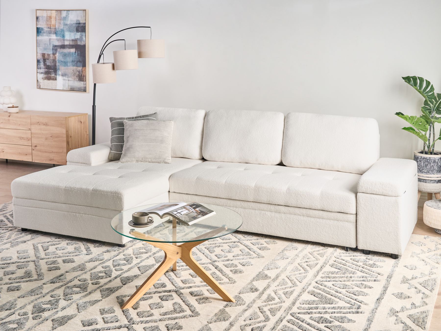 Corner Sofa Bed HRISEY Boucle White with Storage 3 Seater Right Hand