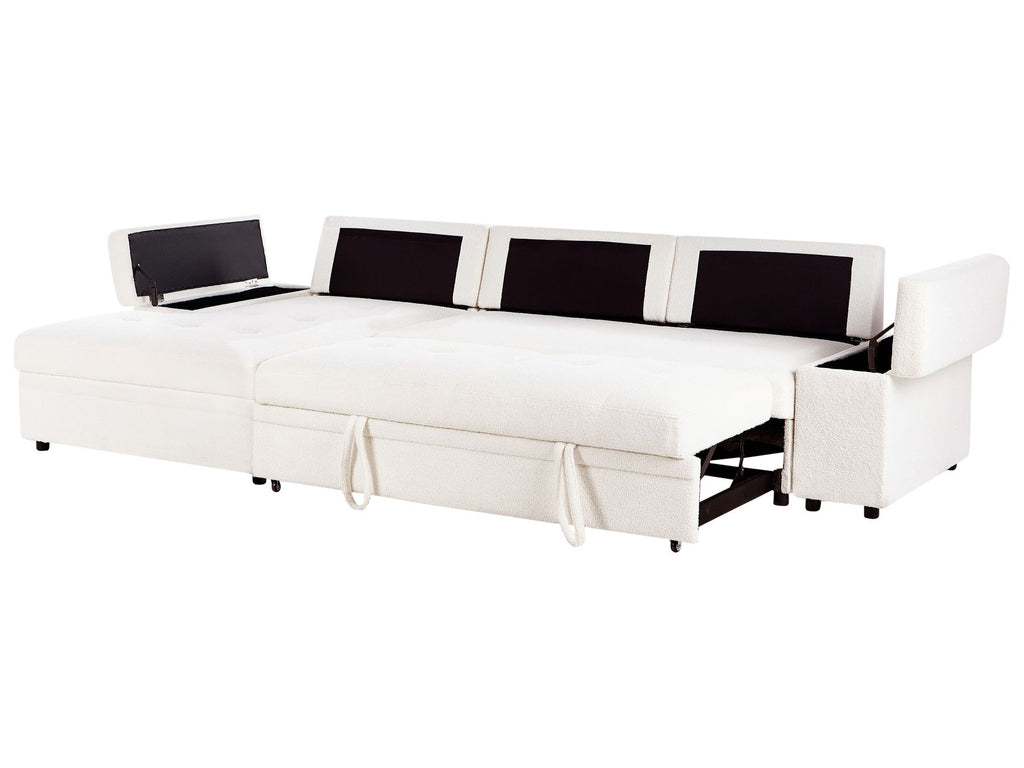 Corner Sofa Bed HRISEY Boucle White with Storage 3 Seater Right Hand