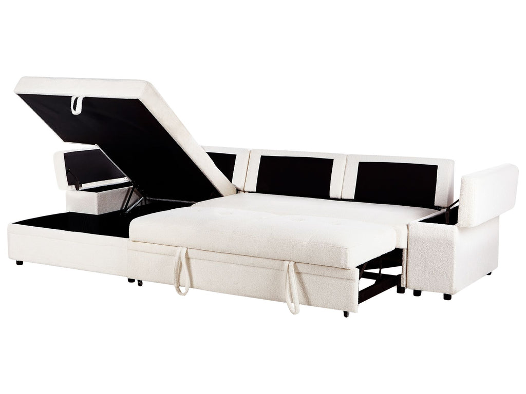 Corner Sofa Bed HRISEY Boucle White with Storage 3 Seater Right Hand
