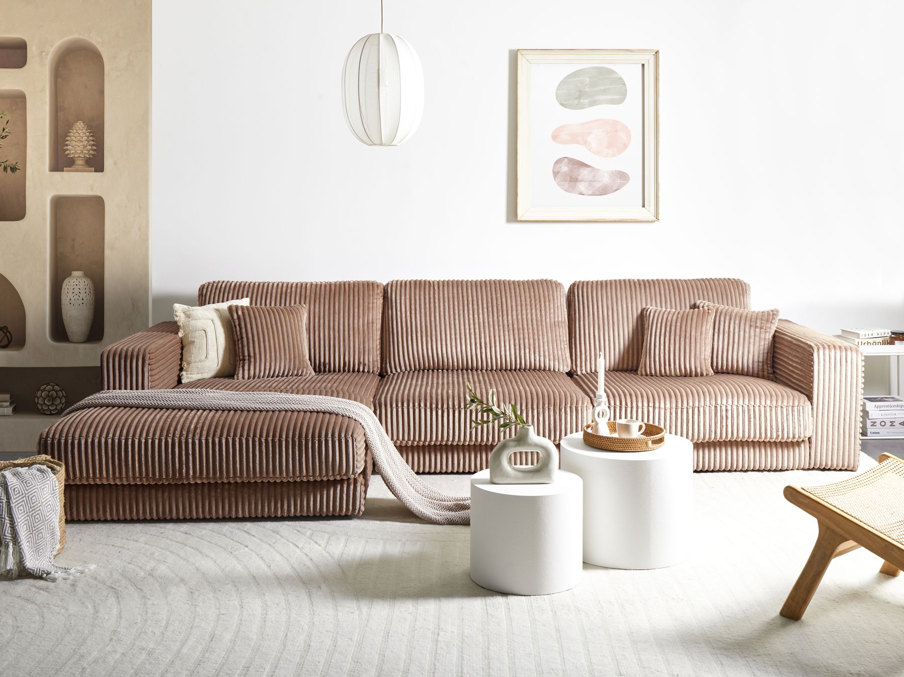 Corner Sofa LOFOTEN Corduroy Light Brown 4 Seater Right Hand