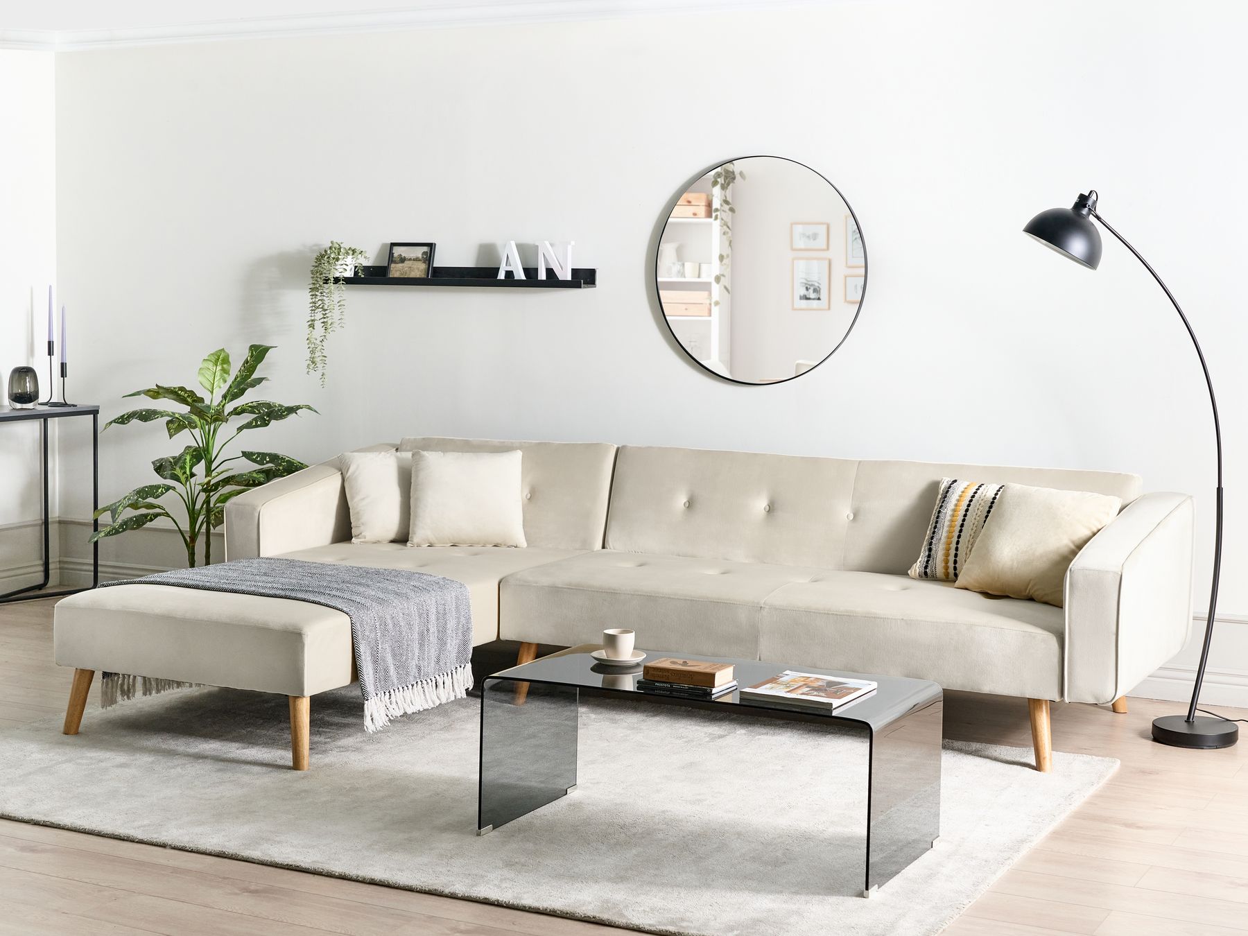 Corner Sofa Bed VADSO Velvet Light Beige 4 Seater Right Hand