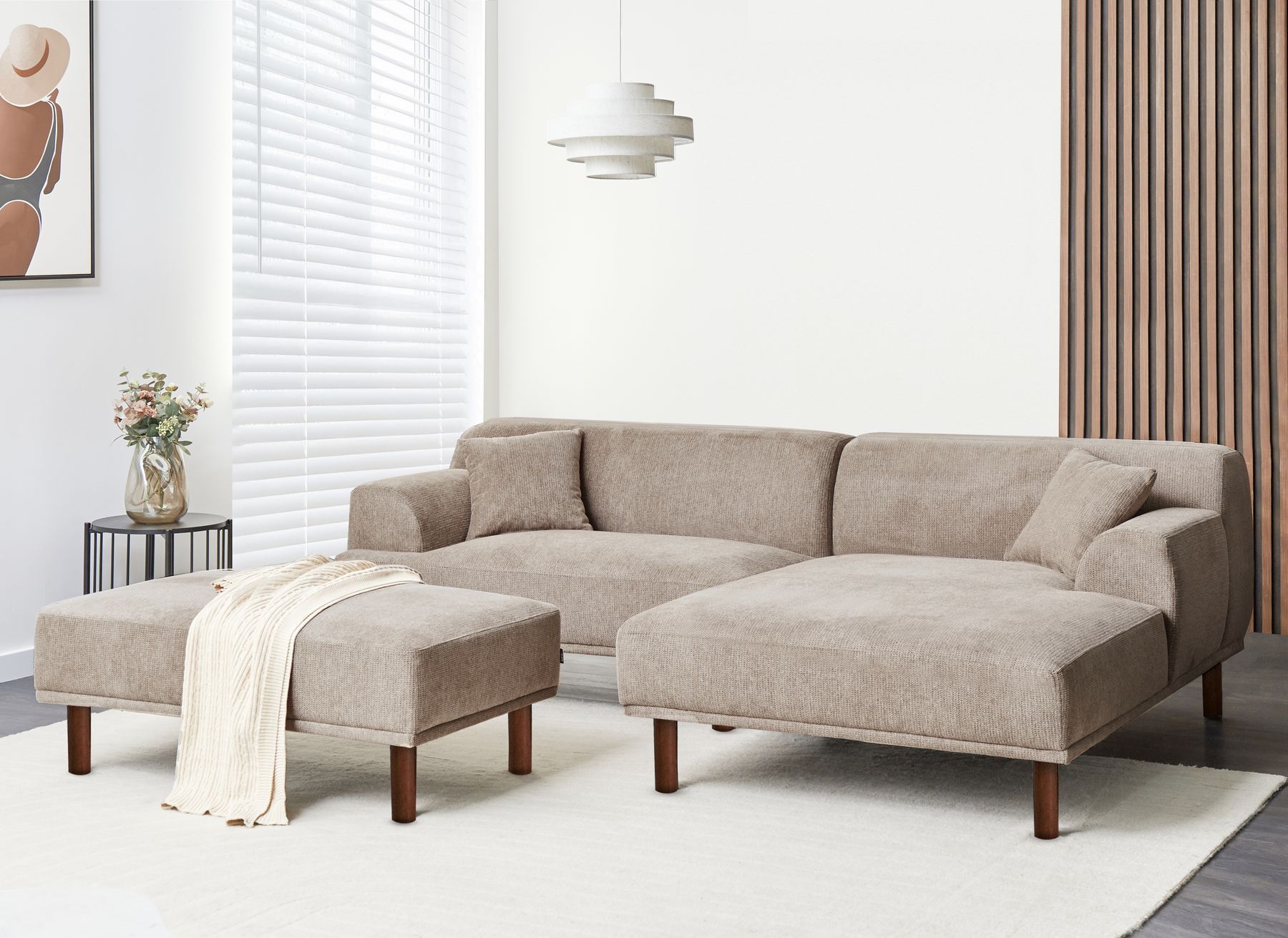 Corner Sofa HOLT Fabric Taupe with Ottoman 3 Seater Left Hand