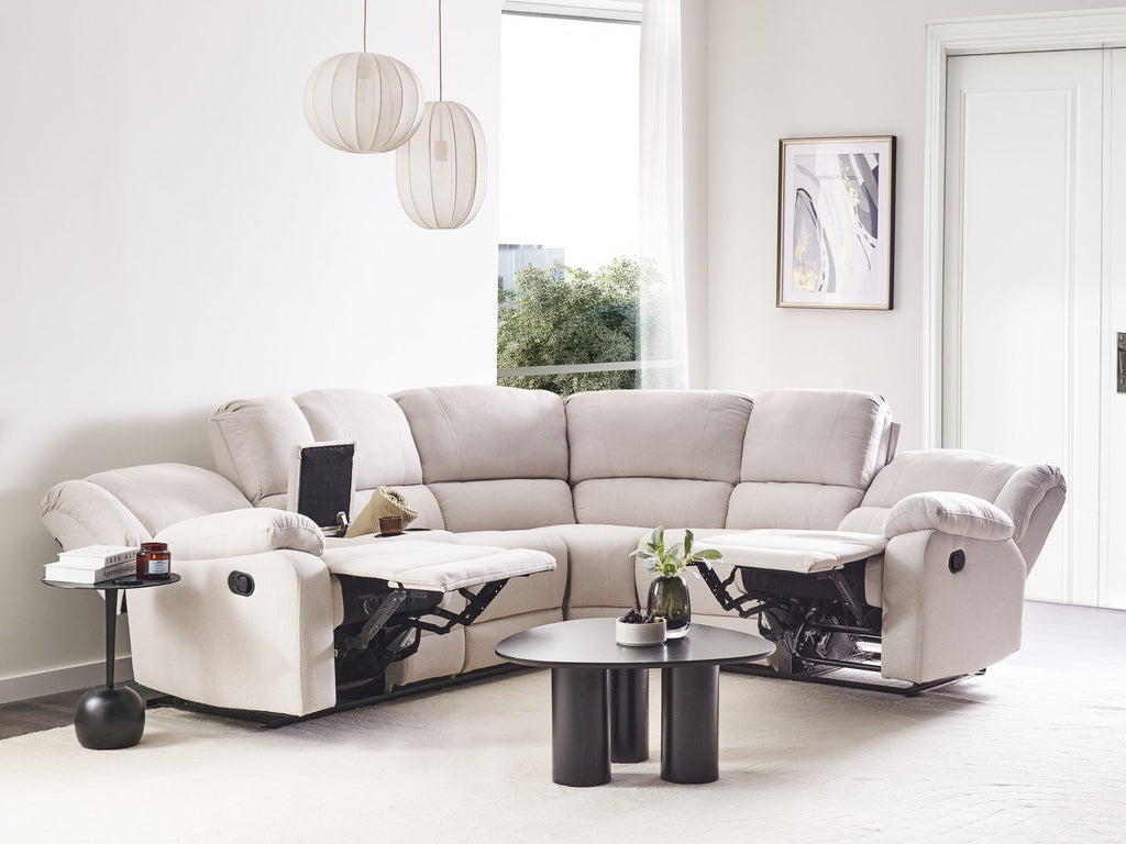 Manual Recliner Corner Sofa ROKKE Fabric Light Beige 5 Seater Left Hand