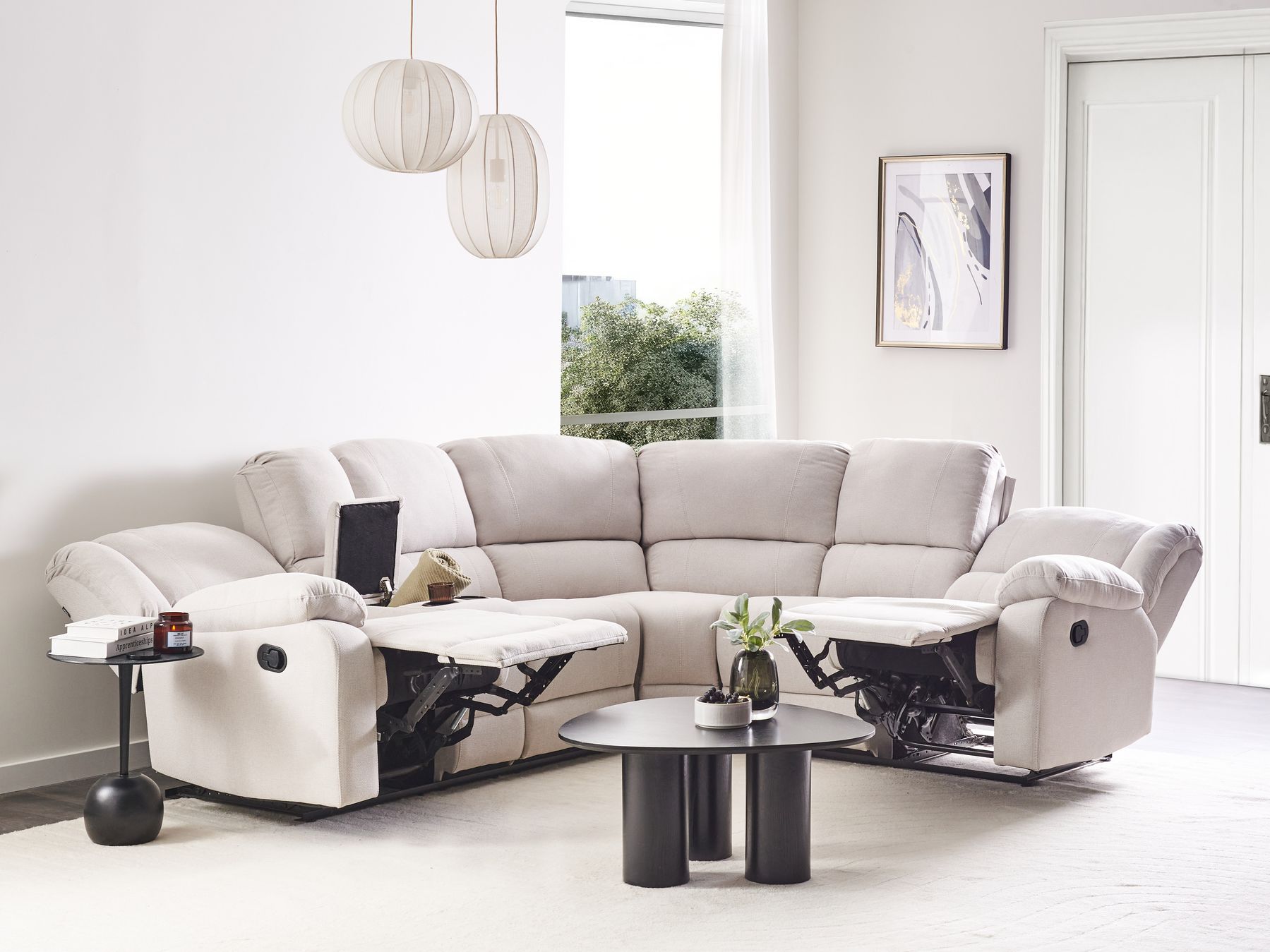 Manual Recliner Corner Sofa ROKKE Fabric Light Beige 5 Seater Left Hand