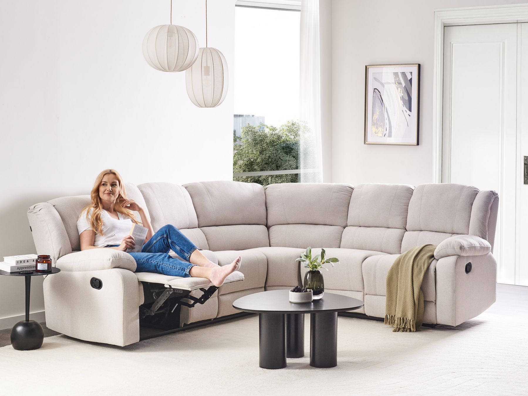 Manual Recliner Corner Sofa ROKKE Fabric Light Beige 5 Seater Left Hand