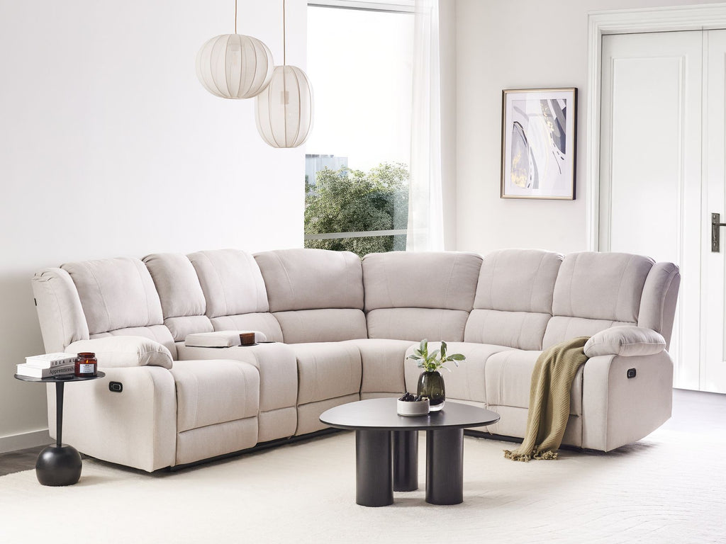Manual Recliner Corner Sofa ROKKE Fabric Light Beige with USB Port 5 Seater Left Hand