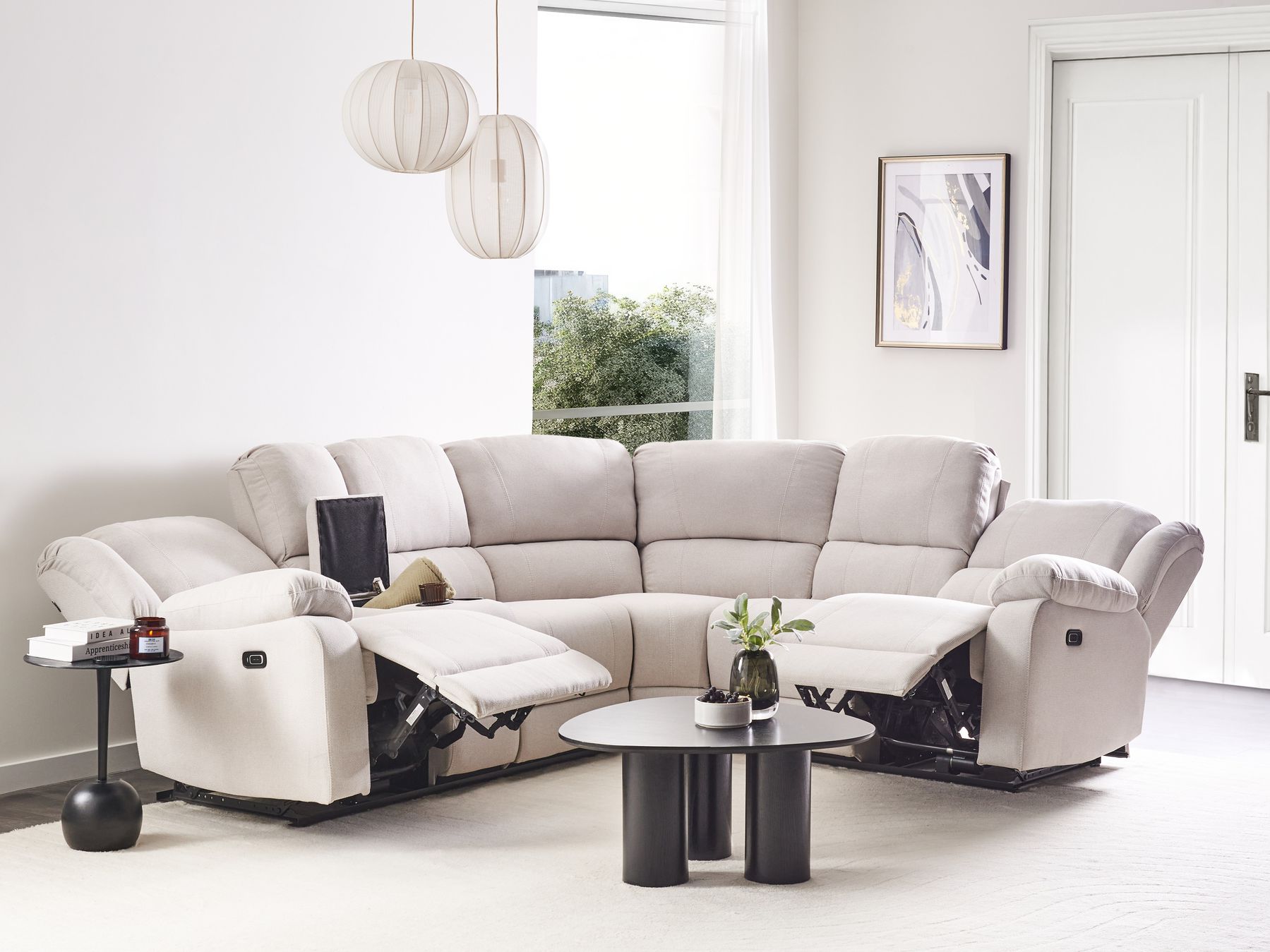 Manual Recliner Corner Sofa ROKKE Fabric Light Beige with USB Port 5 Seater Left Hand
