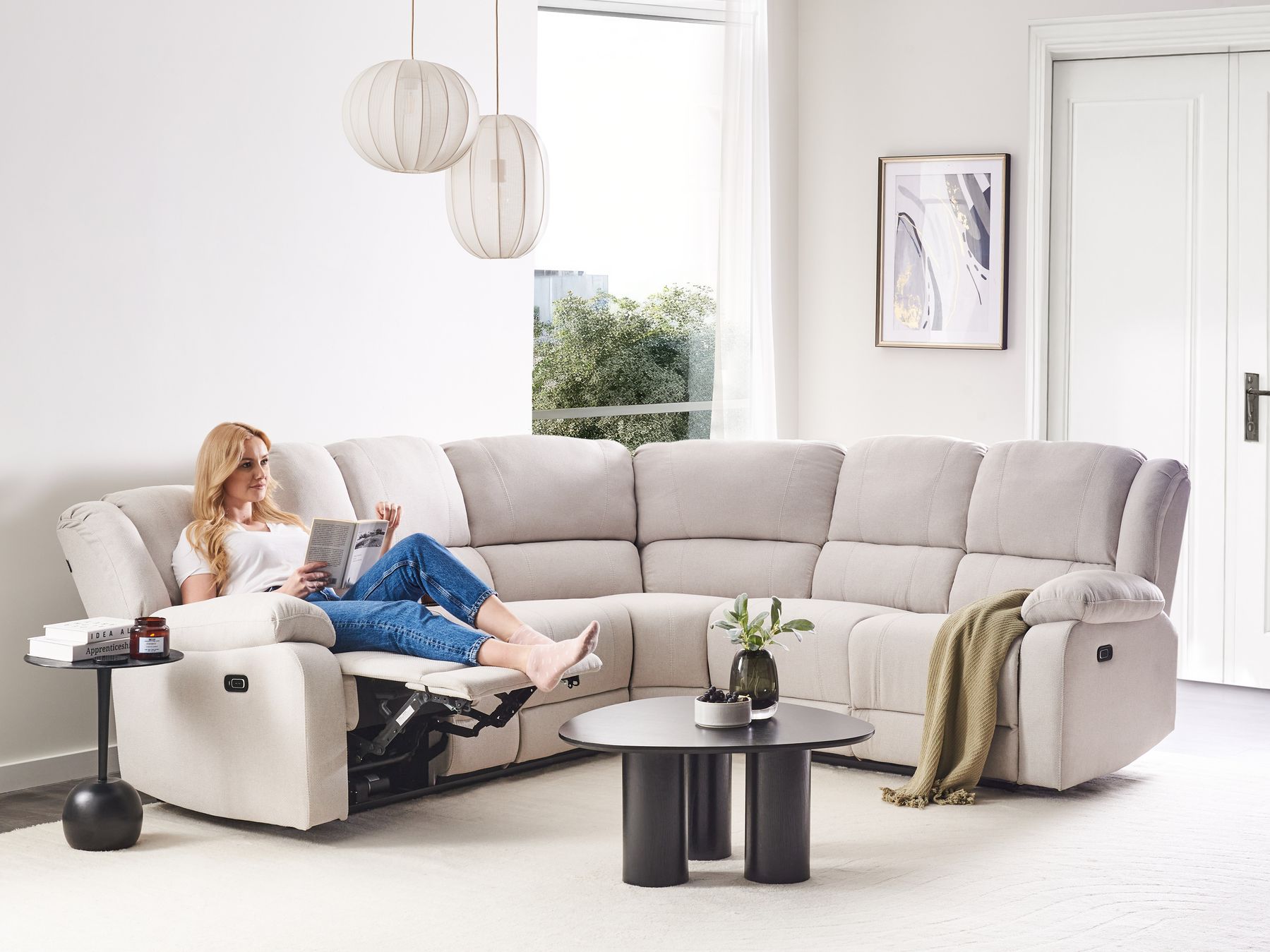 Manual Recliner Corner Sofa ROKKE Fabric Light Beige with USB Port 5 Seater Left Hand
