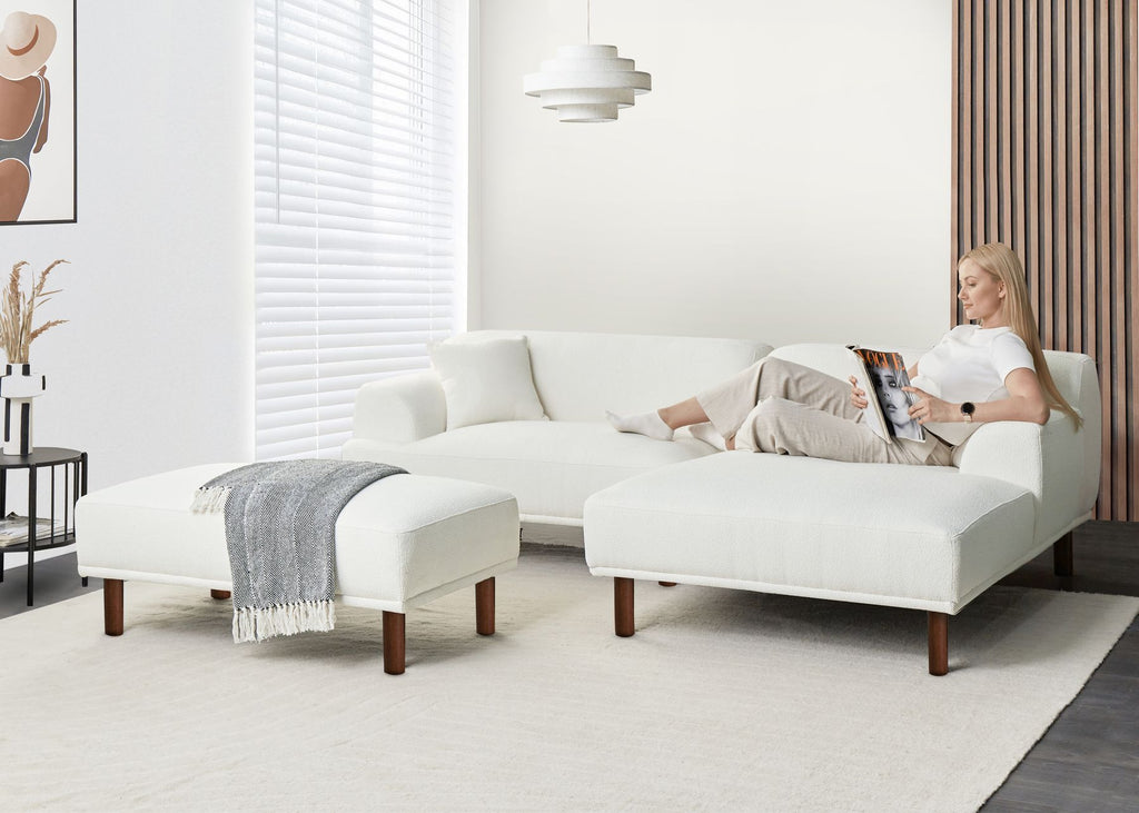 Corner Sofa HOLT Boucle White with Ottoman 3 Seater Left Hand
