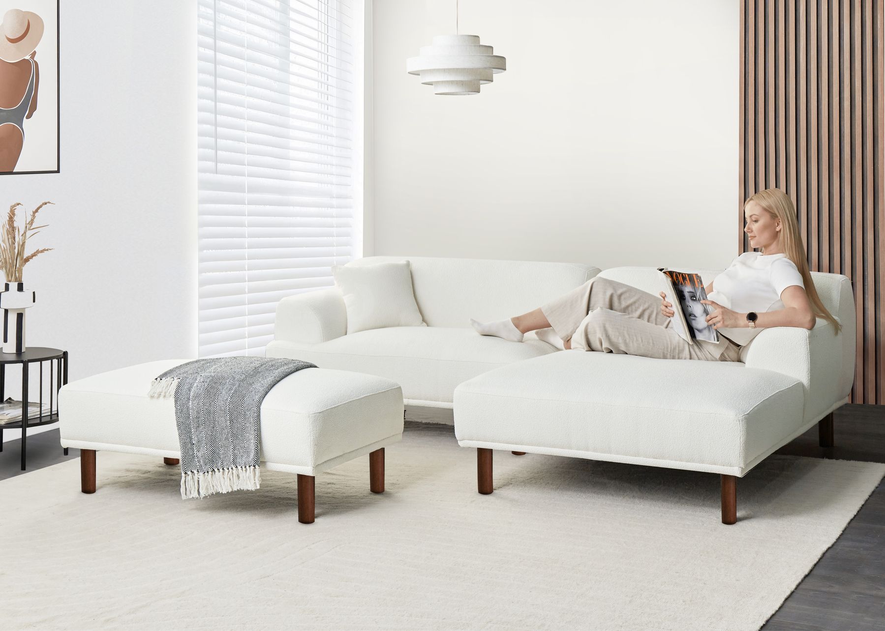 Corner Sofa HOLT Boucle White with Ottoman 3 Seater Left Hand
