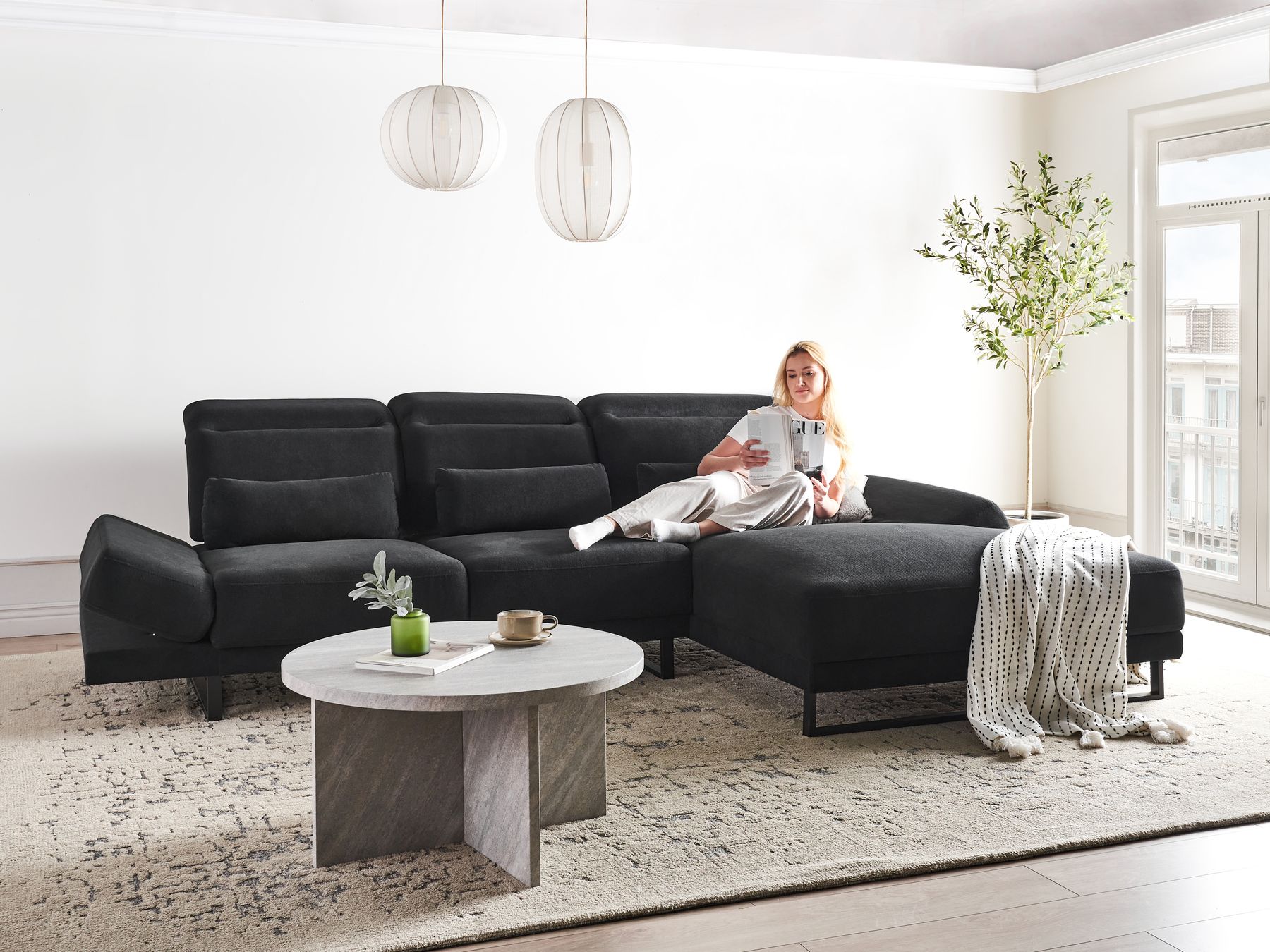 Corner Sofa IKAST Fabric Black 4 Seater Left Hand