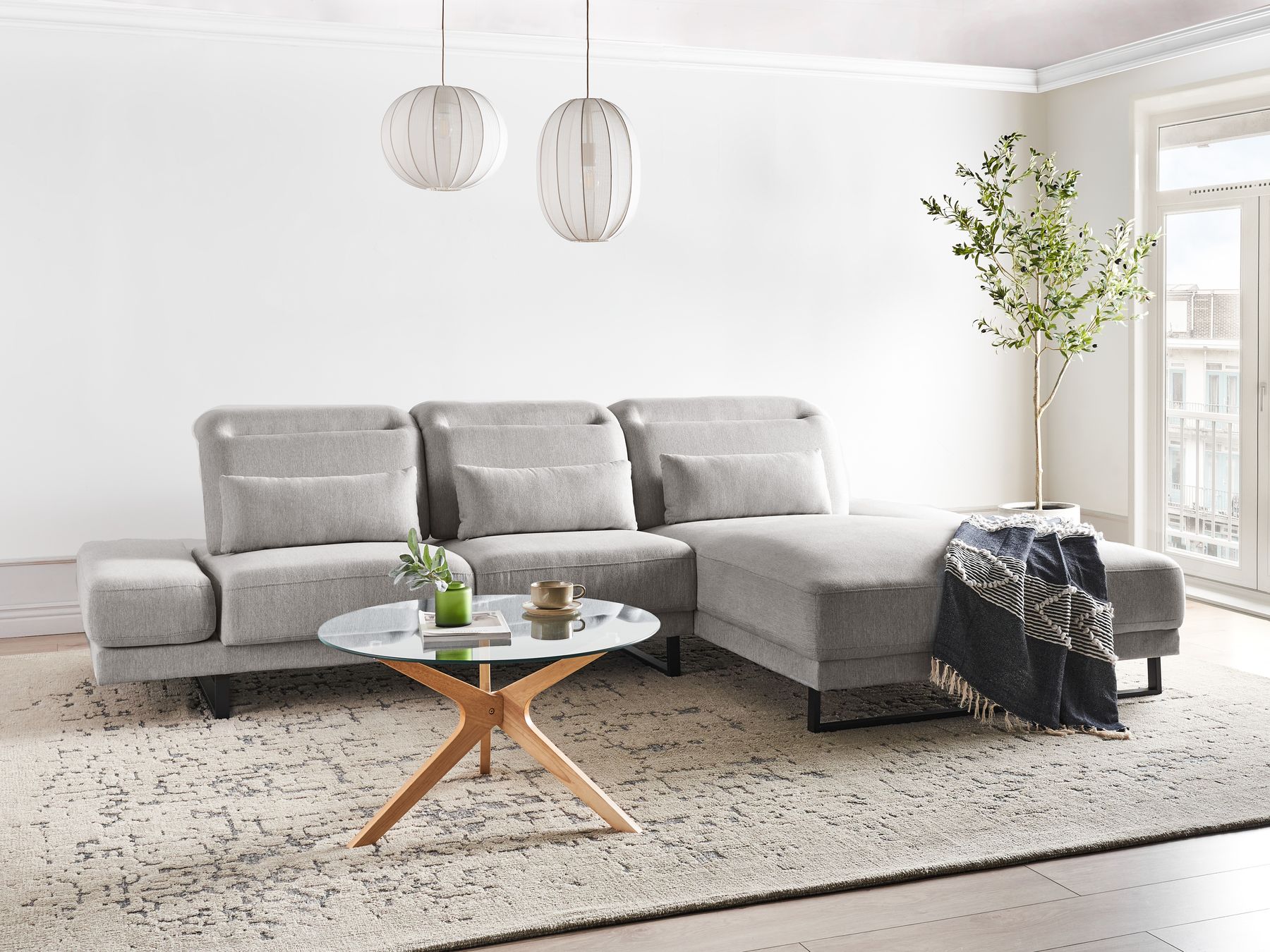 Corner Sofa IKAST Fabric Light Grey 4 Seater Left Hand