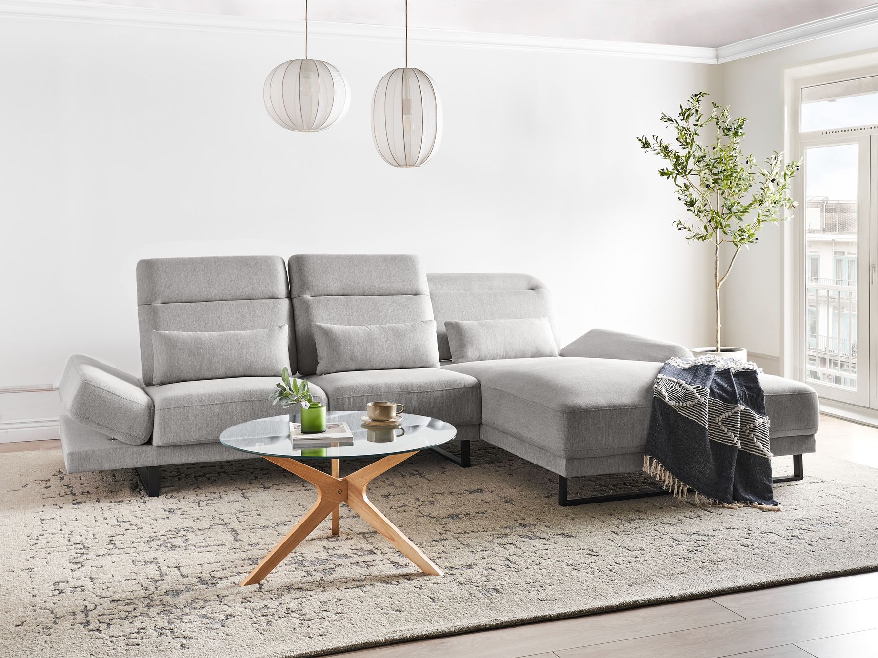 Corner Sofa IKAST Fabric Light Grey 4 Seater Left Hand