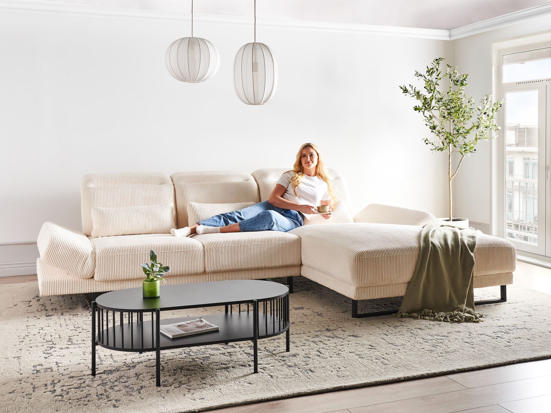 Corner Sofa IKAST Corduroy Beige 4 Seater Left Hand