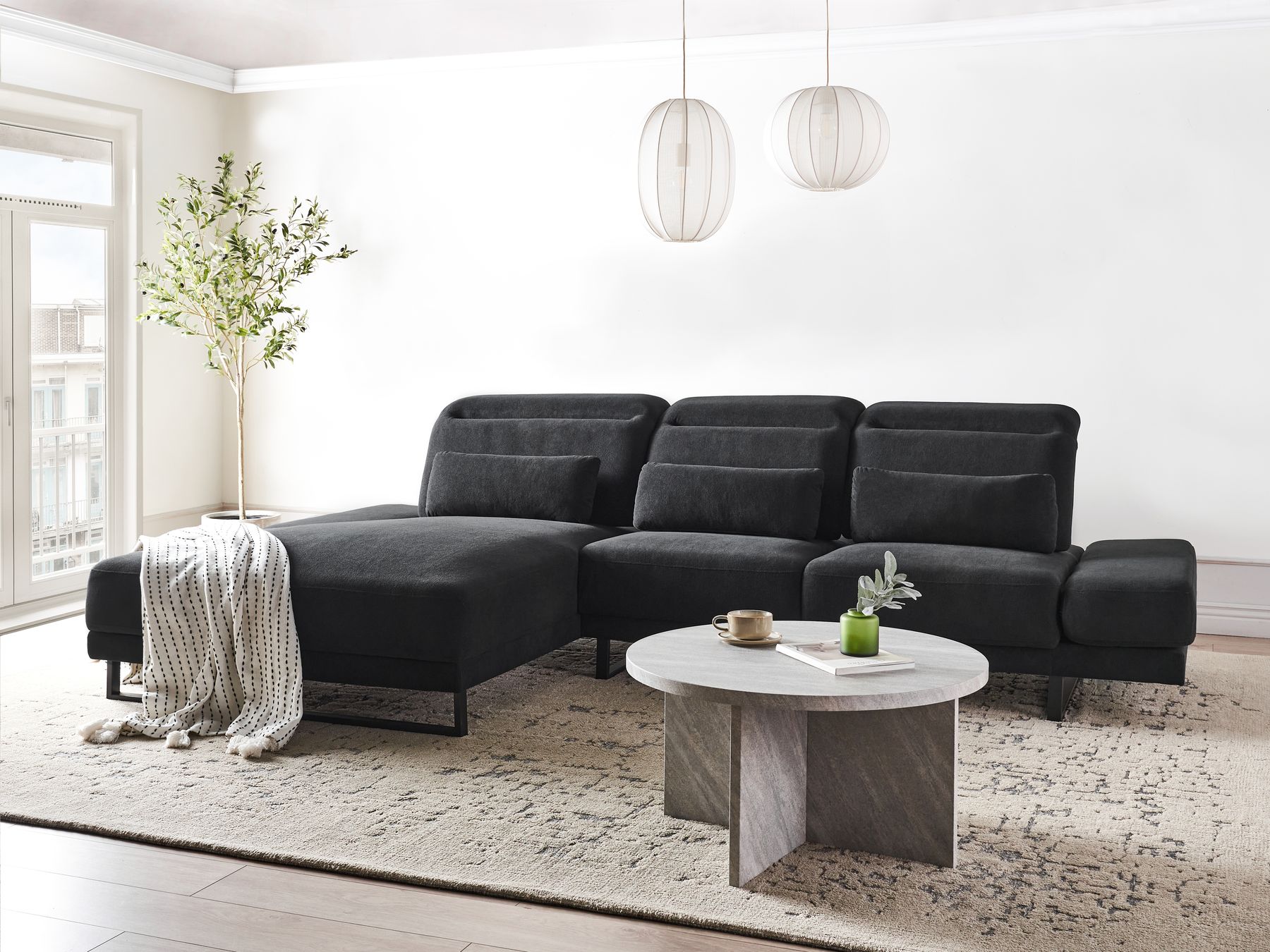 Corner Sofa IKAST Fabric Black 4 Seater Right Hand