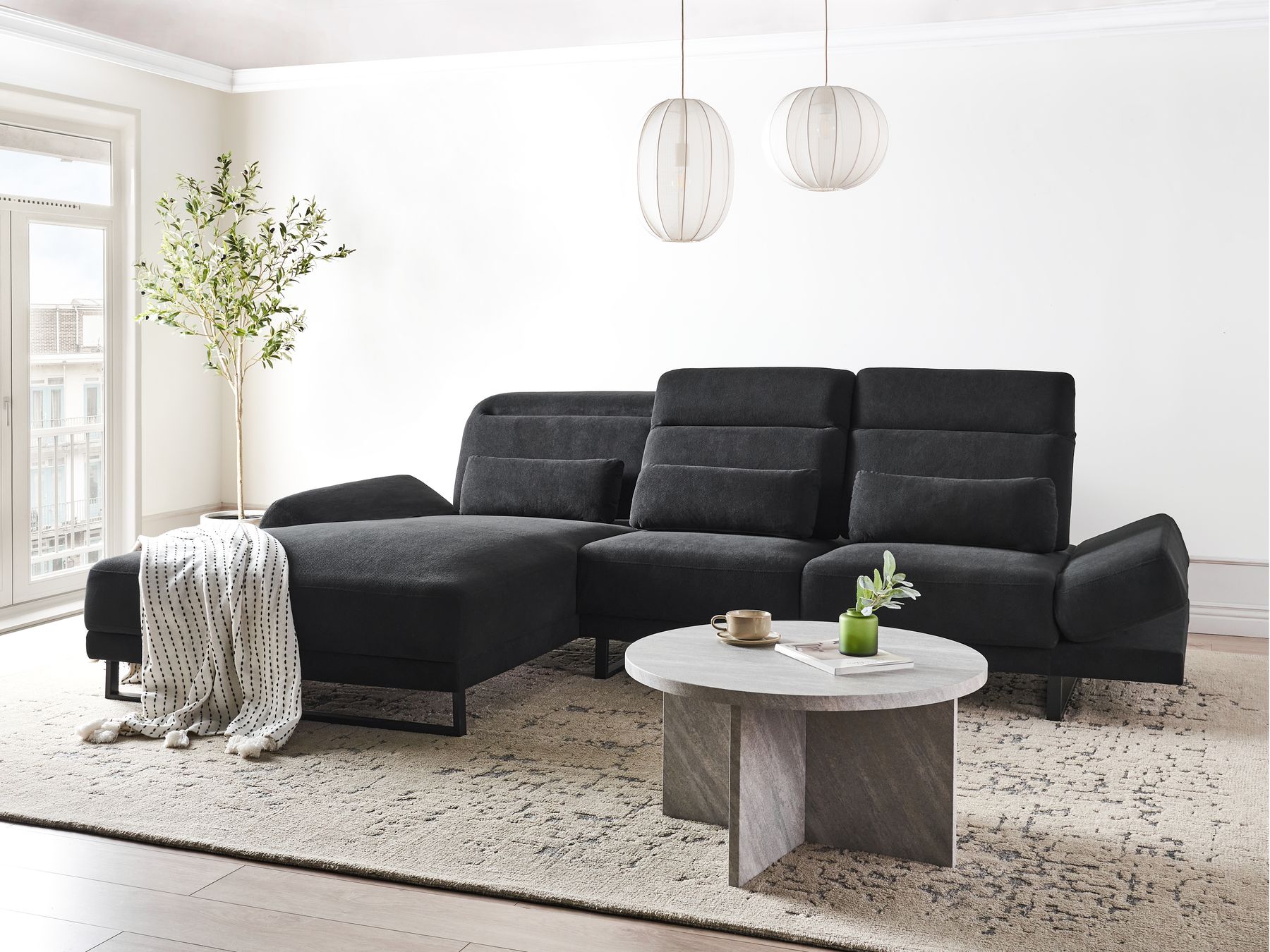 Corner Sofa IKAST Fabric Black 4 Seater Right Hand