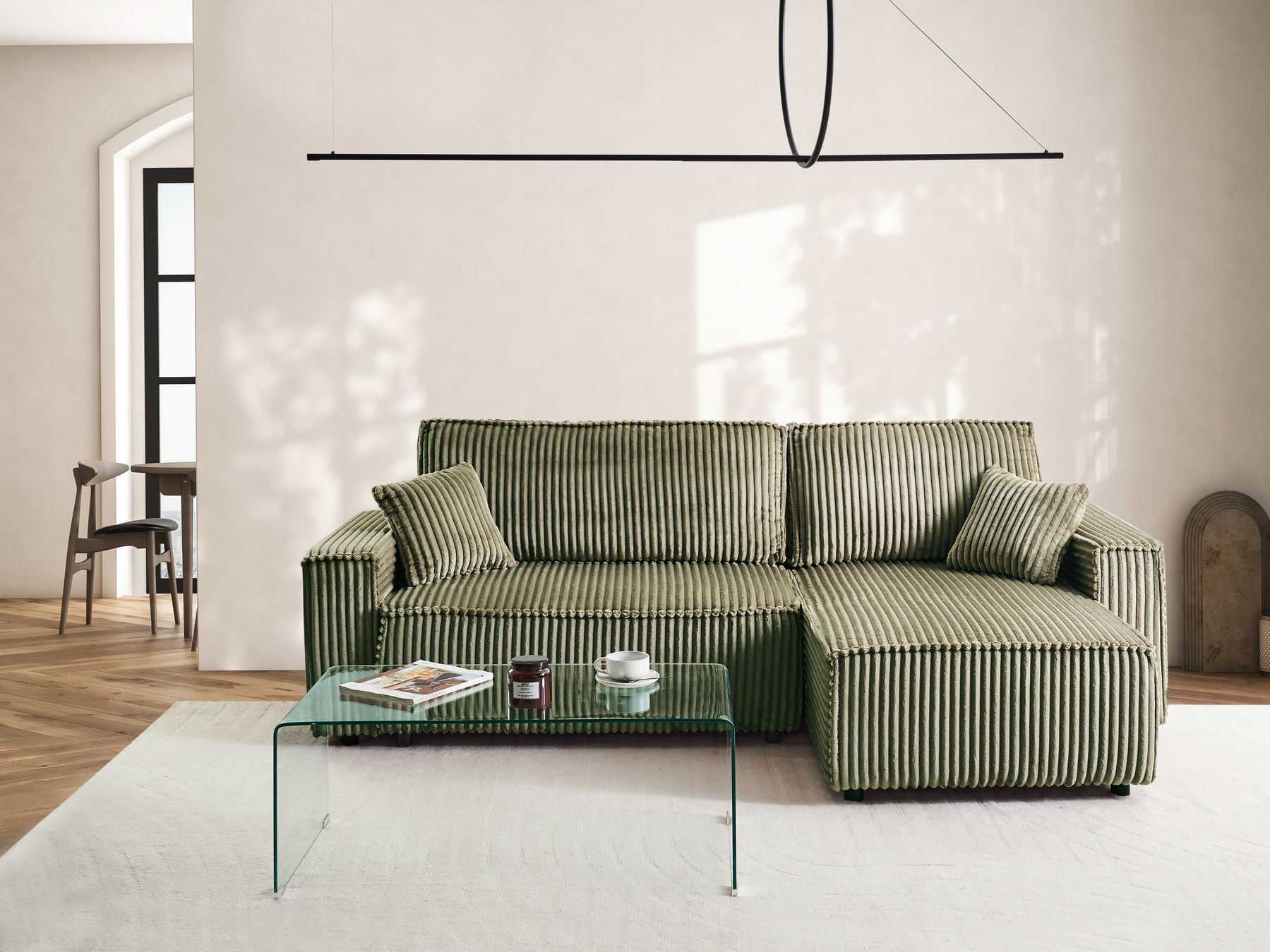 Corner Sofa Bed ABACKA Corduroy Green with Storage 2 Seater Left Hand
