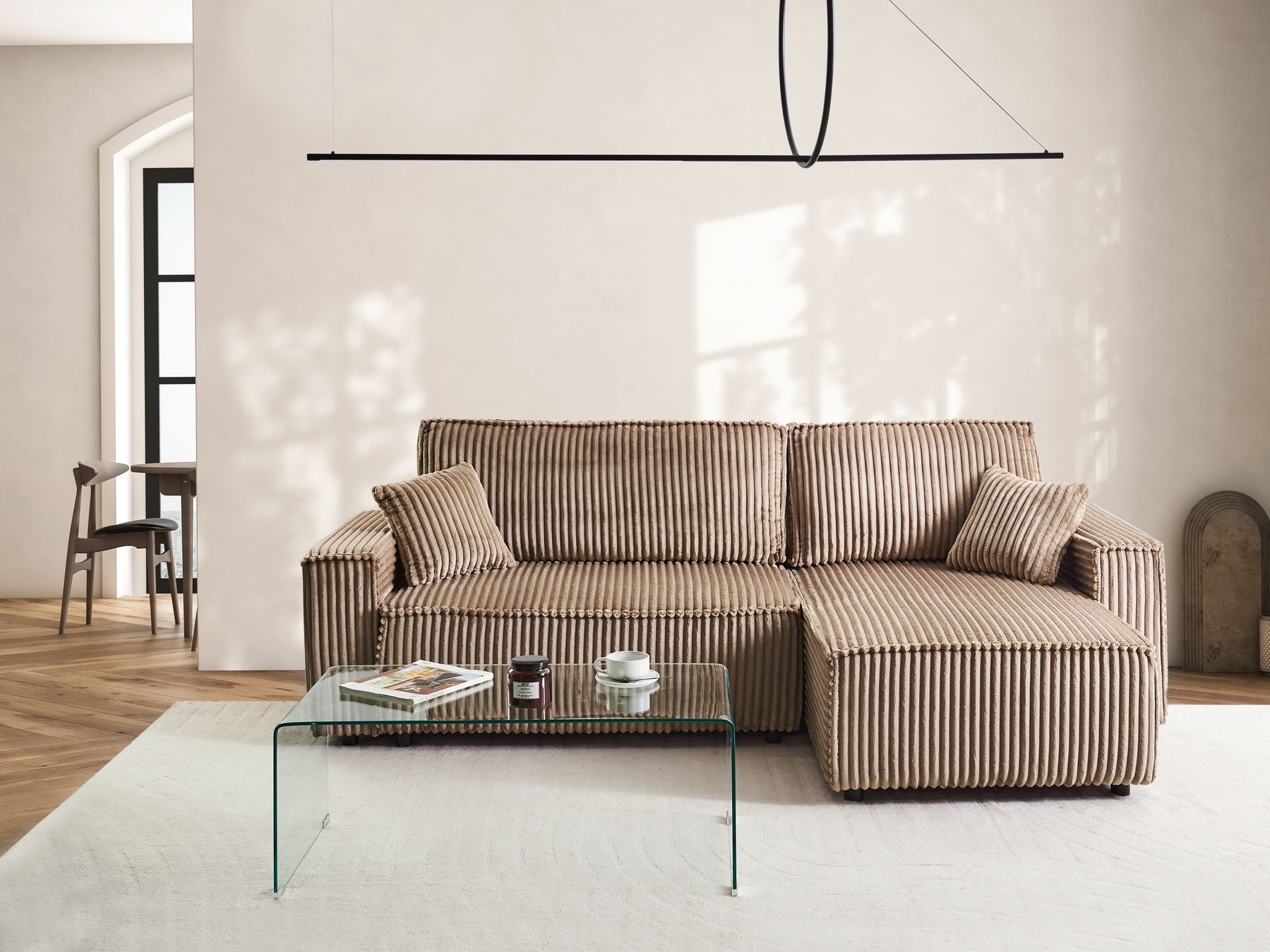Corner Sofa Bed ABACKA Corduroy Light Brown with Storage 3 Seater Left Hand