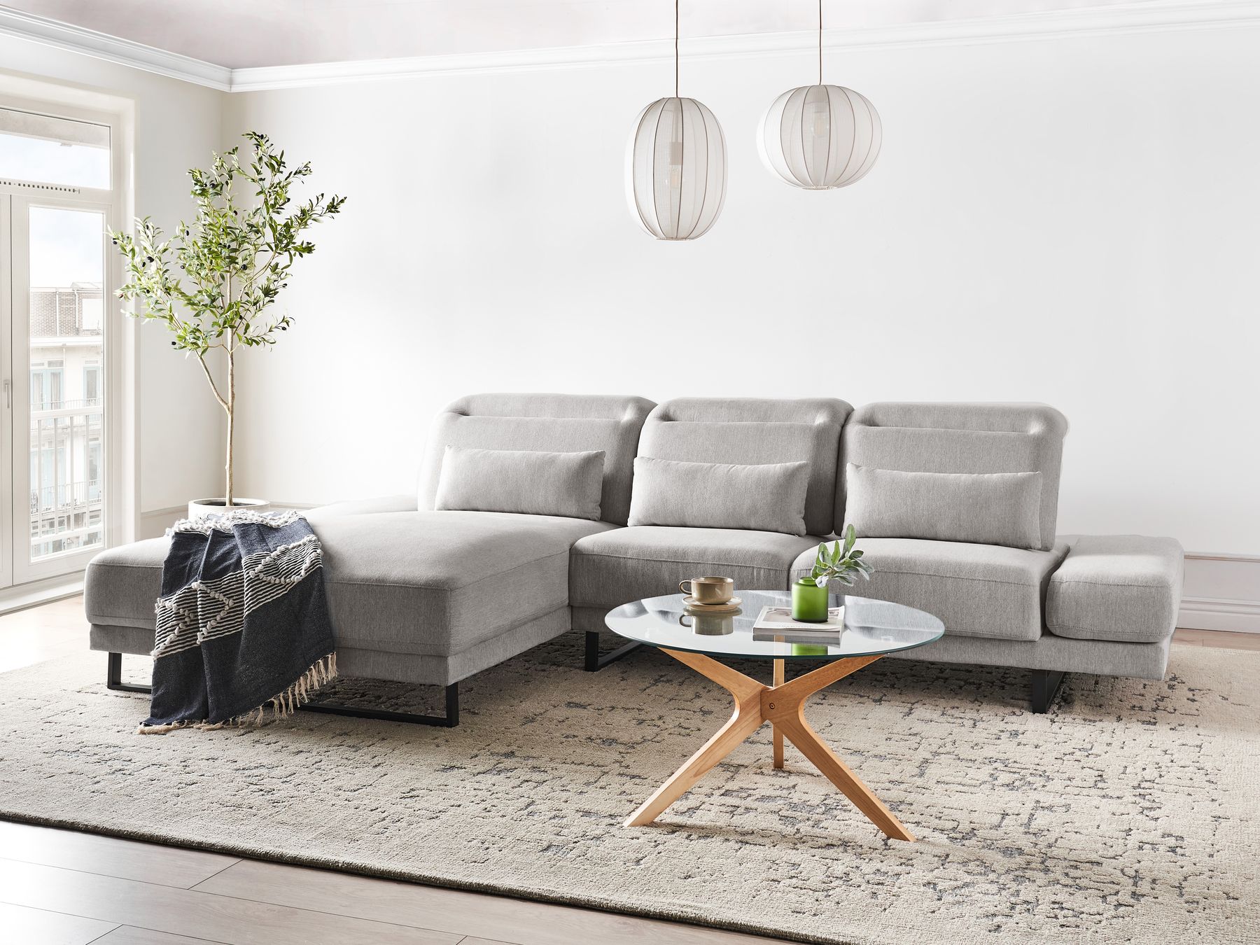 Corner Sofa IKAST Fabric Light Grey 4 Seater Right Hand