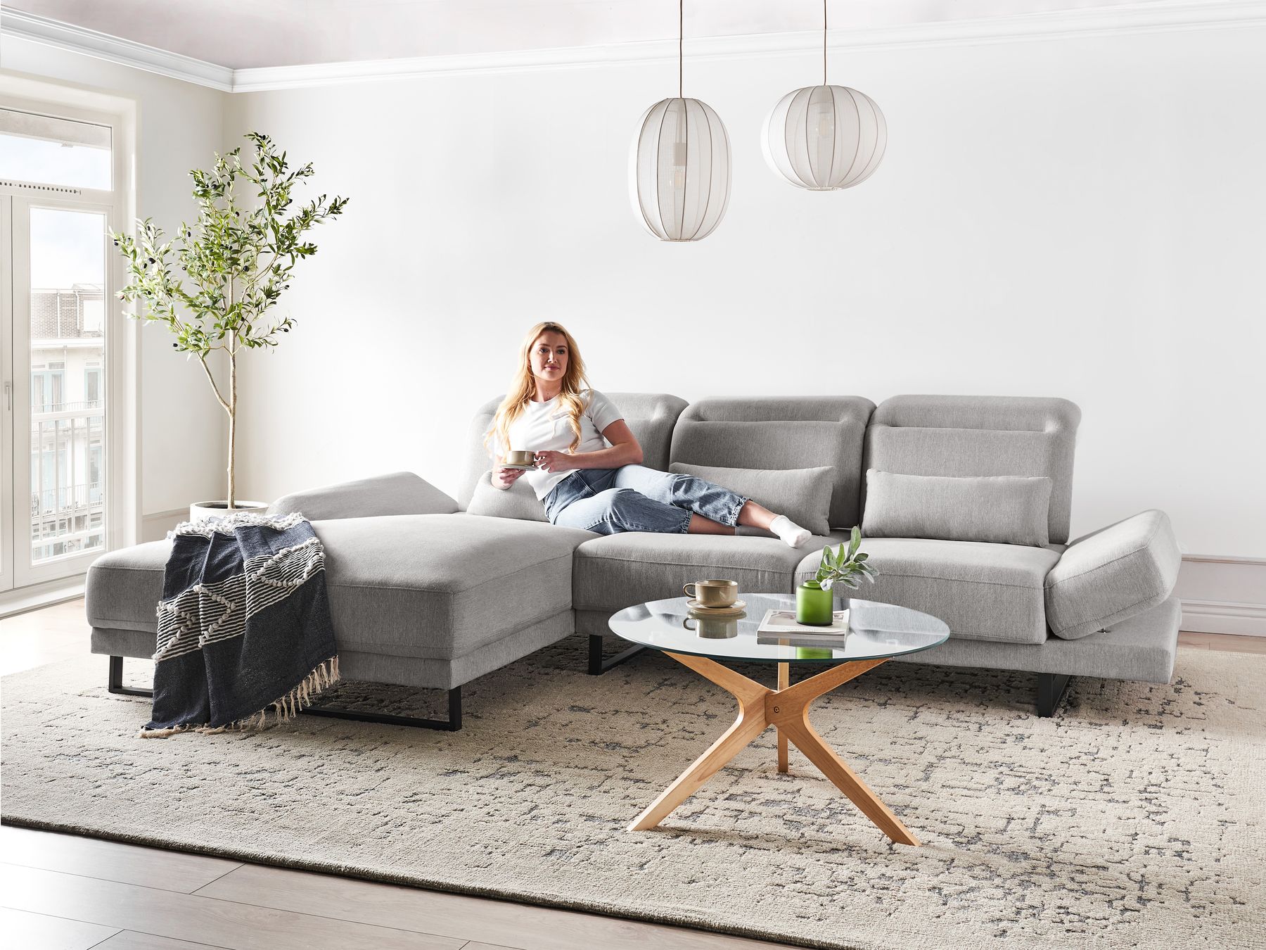 Corner Sofa IKAST Fabric Light Grey 4 Seater Right Hand